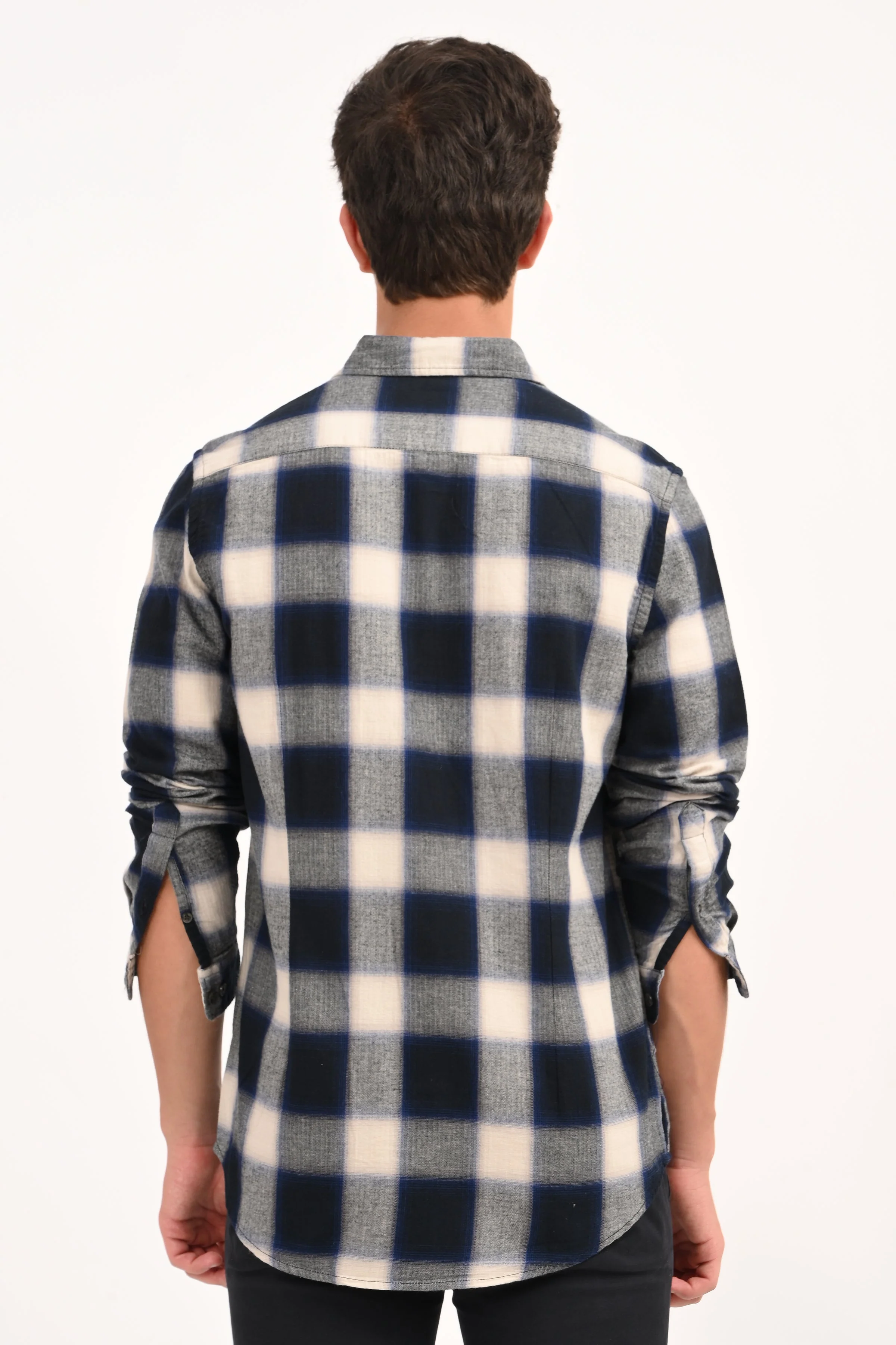 Men Filipino Navy Flannel Check Shirt - Image 3