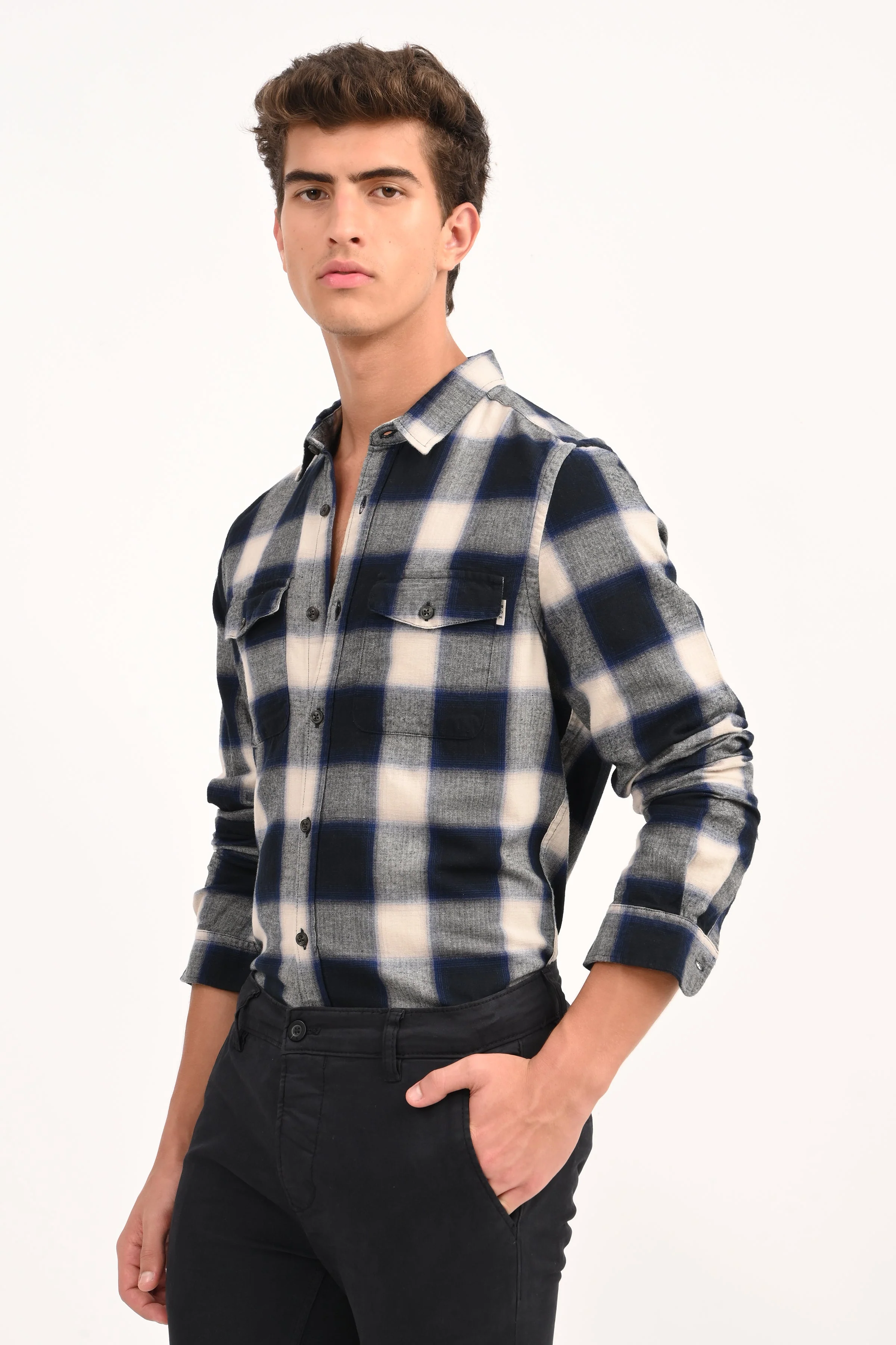 Men Filipino Navy Flannel Check Shirt - Image 4