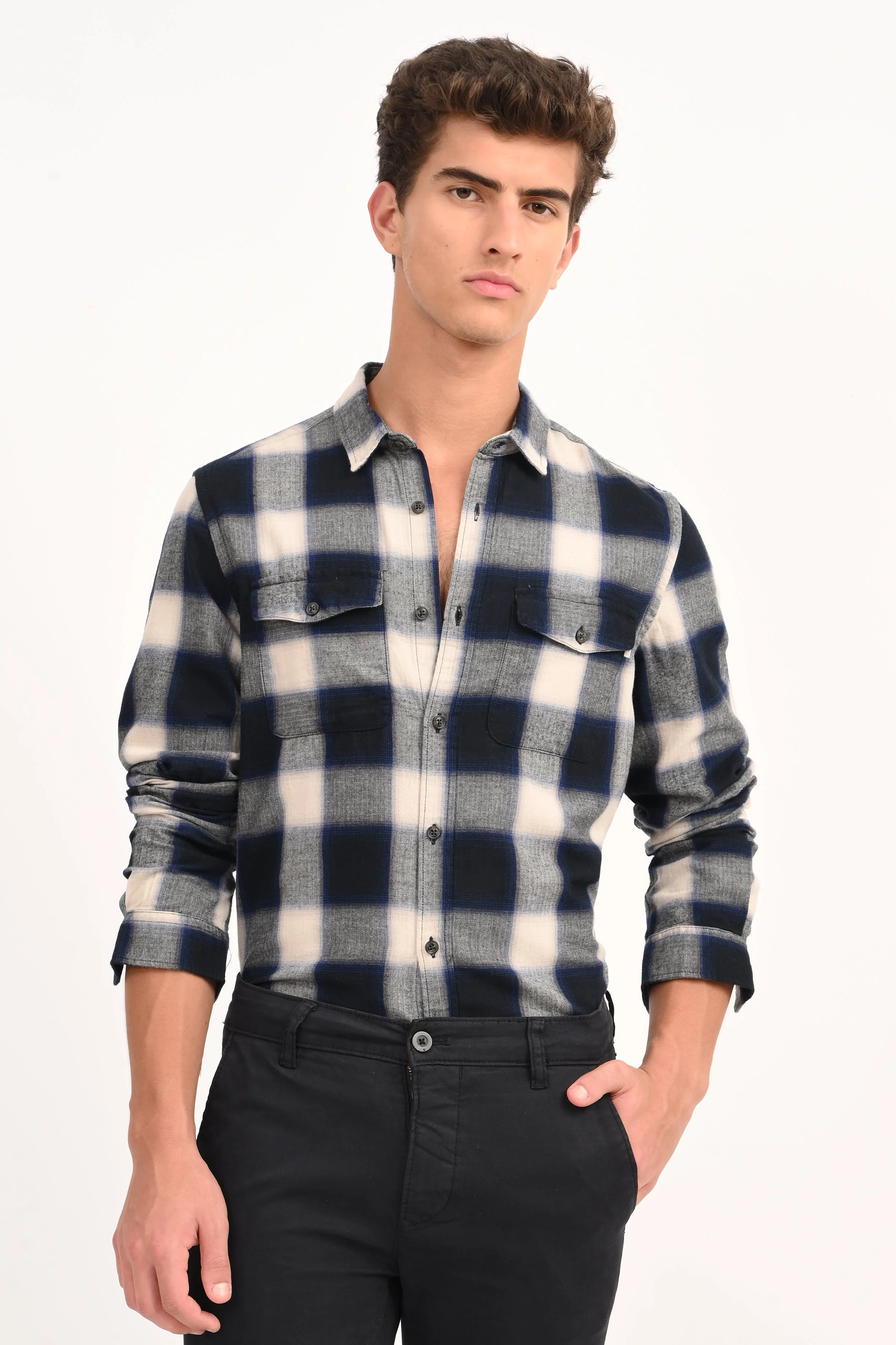 Men Filipino Navy Flannel Check Shirt - Image 5
