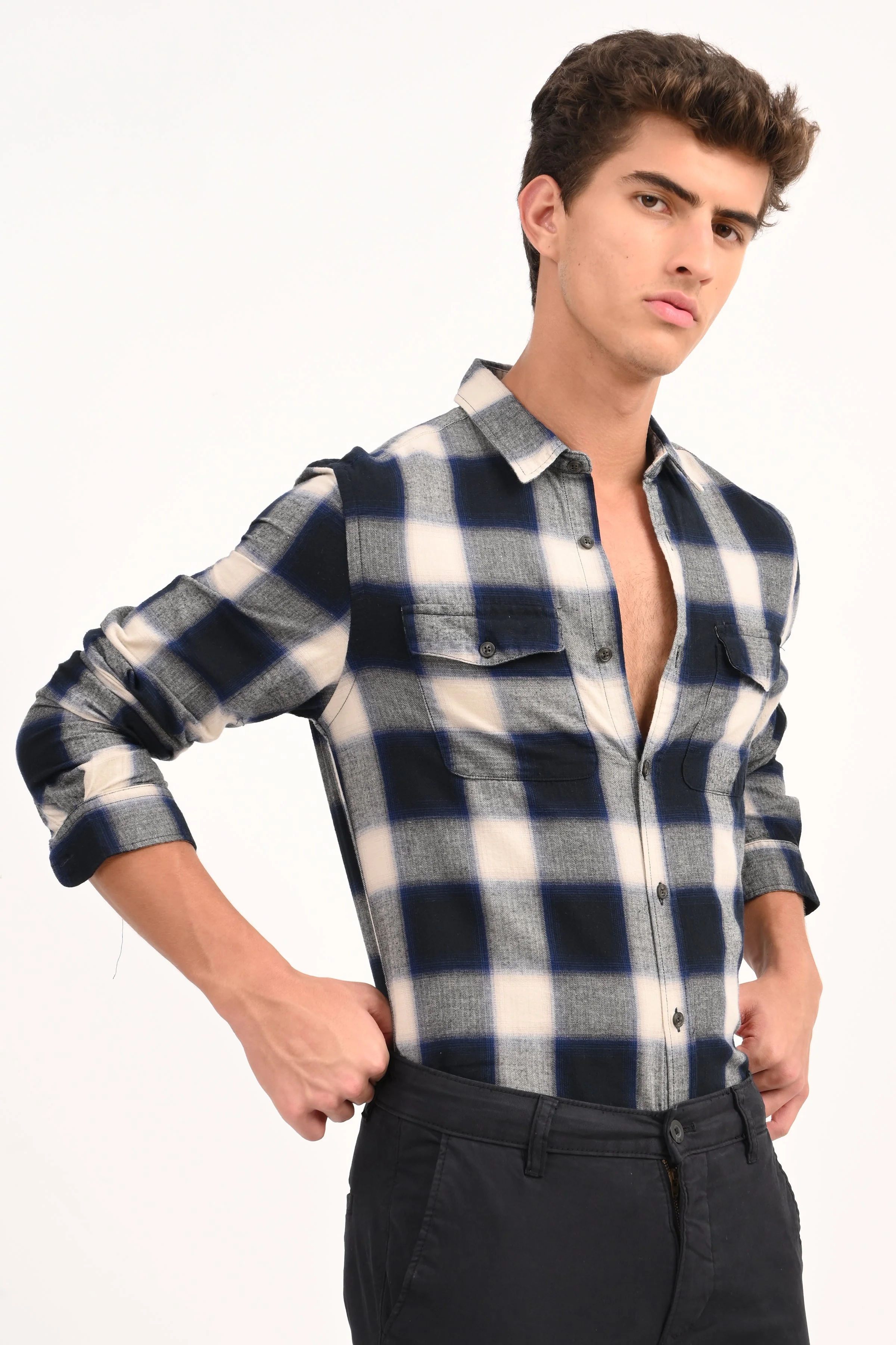 Men Filipino Navy Flannel Check Shirt - Image 6