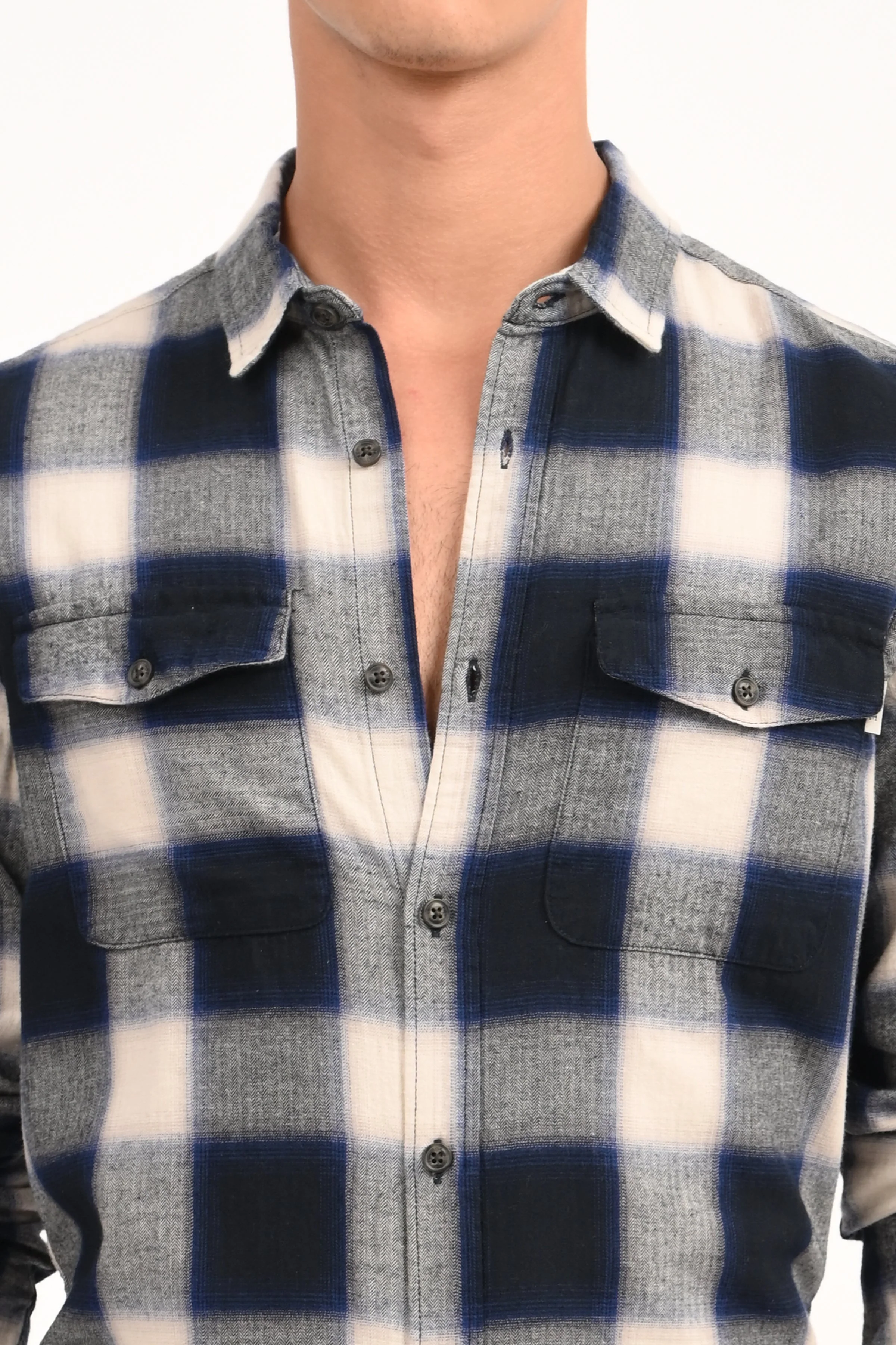 Men Filipino Navy Flannel Check Shirt - Image 7