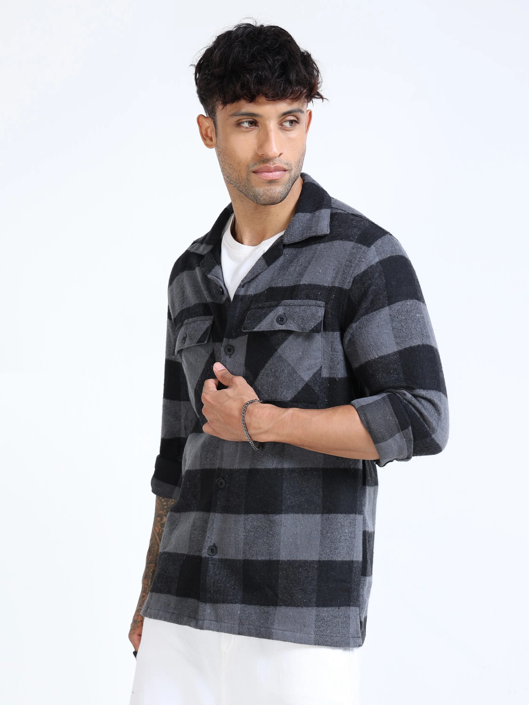 Men Grey Twill Checked Brushed Overshirt - Image 2