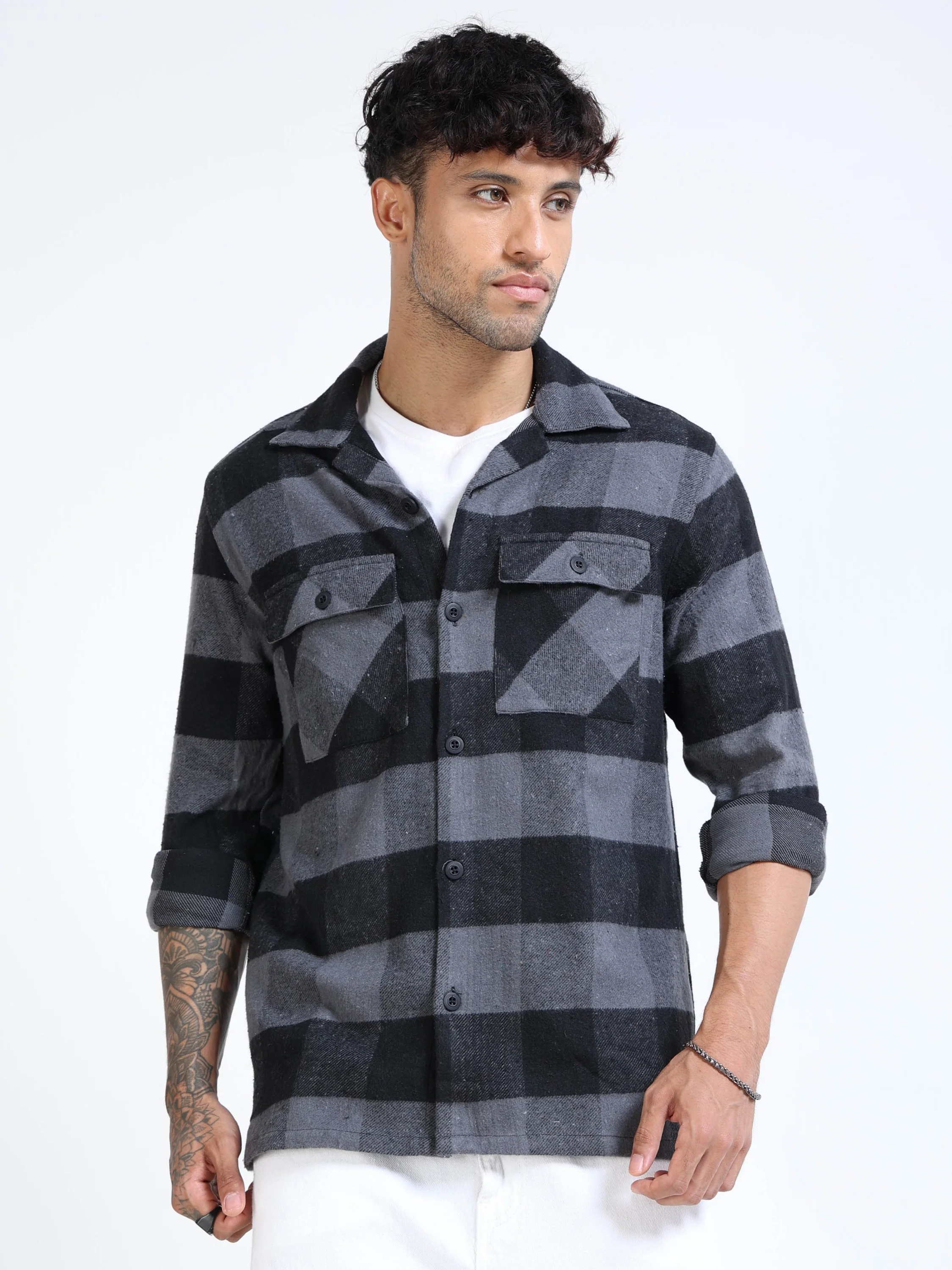 Men Grey Twill Checked Brushed Overshirt - Image 3