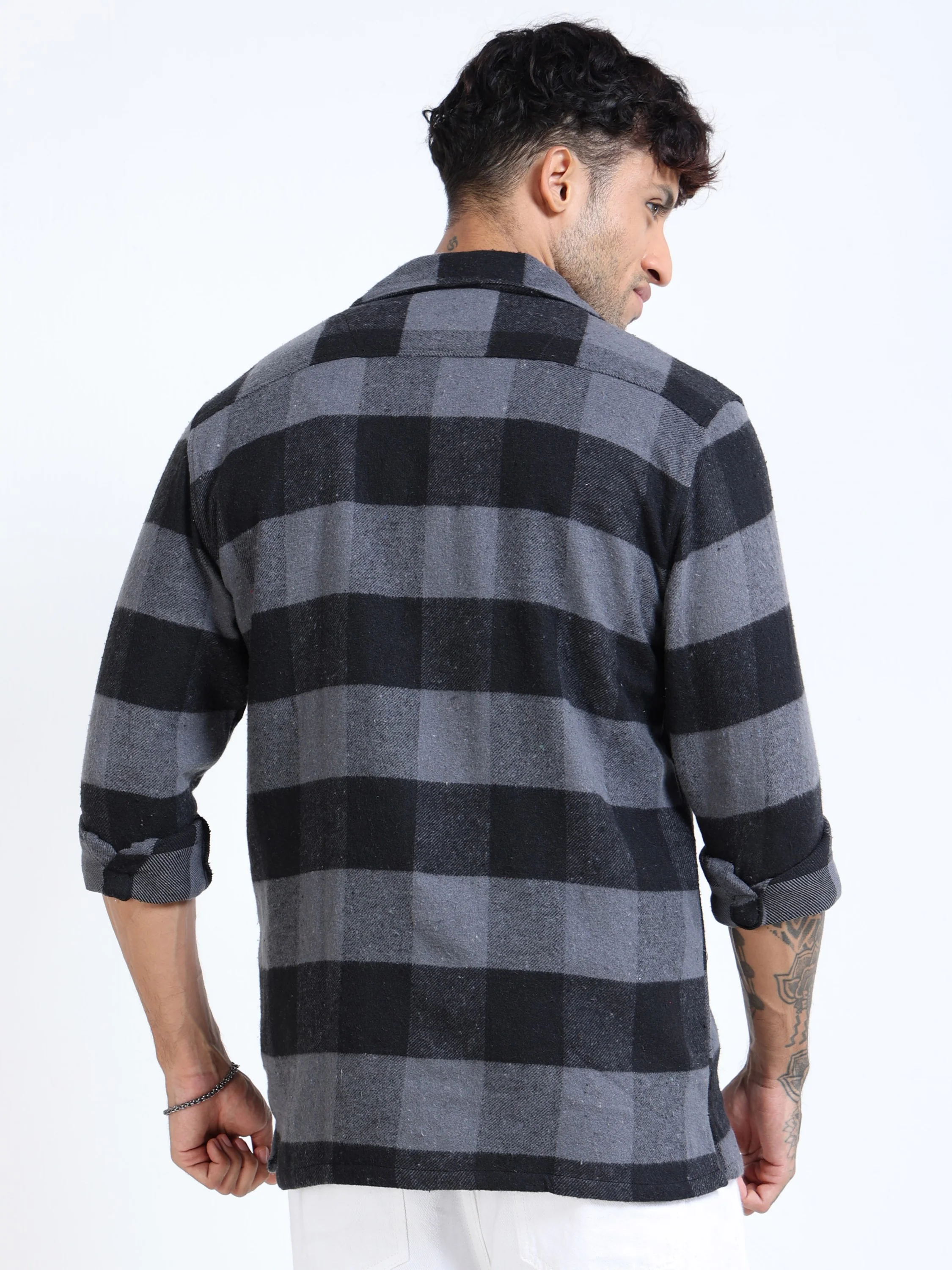 Men Grey Twill Checked Brushed Overshirt - Image 4