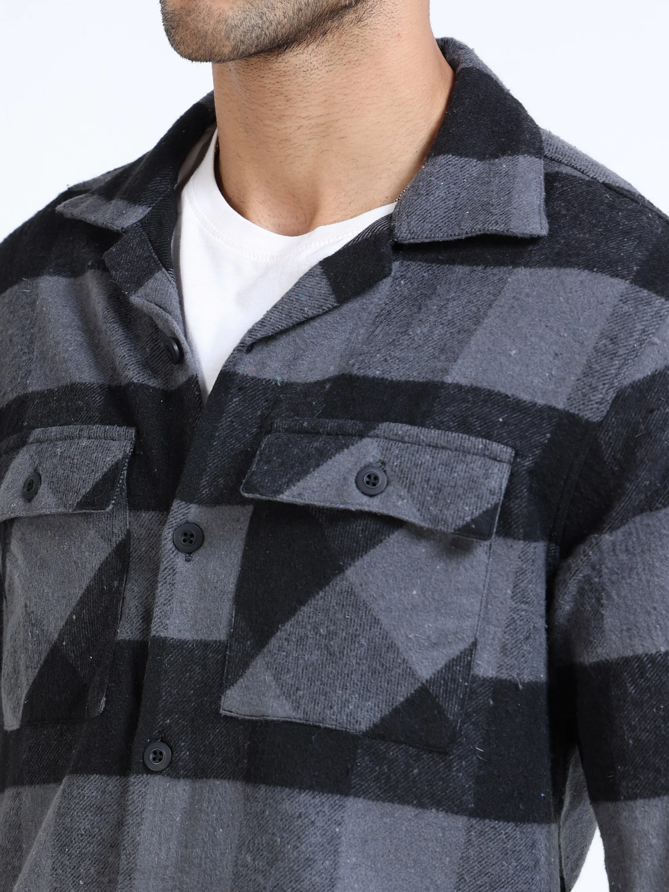 Men Grey Twill Checked Brushed Overshirt - Image 5