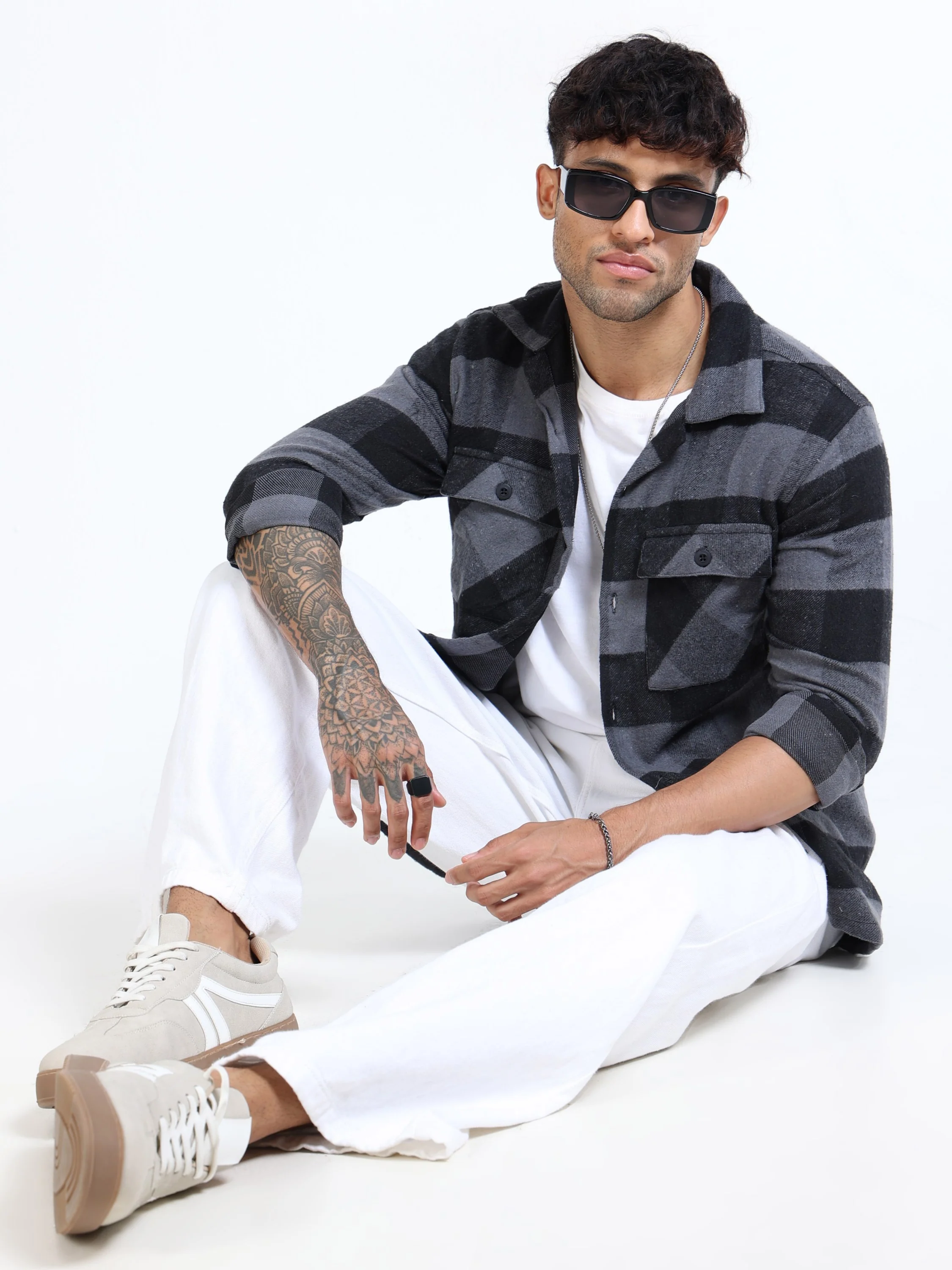 Men Grey Twill Checked Brushed Overshirt - Image 6