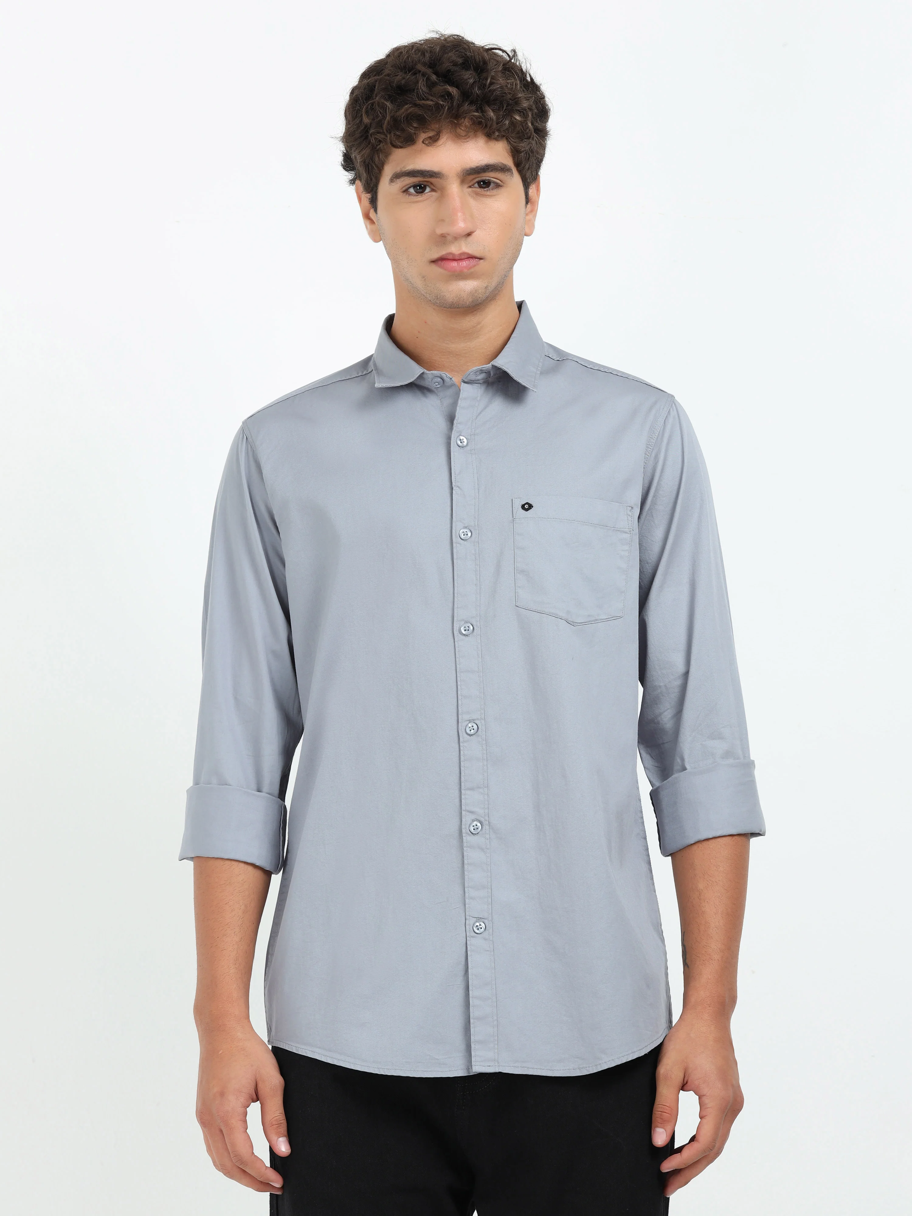 Men Grey Twill Shirt Slim Fit - Image 2