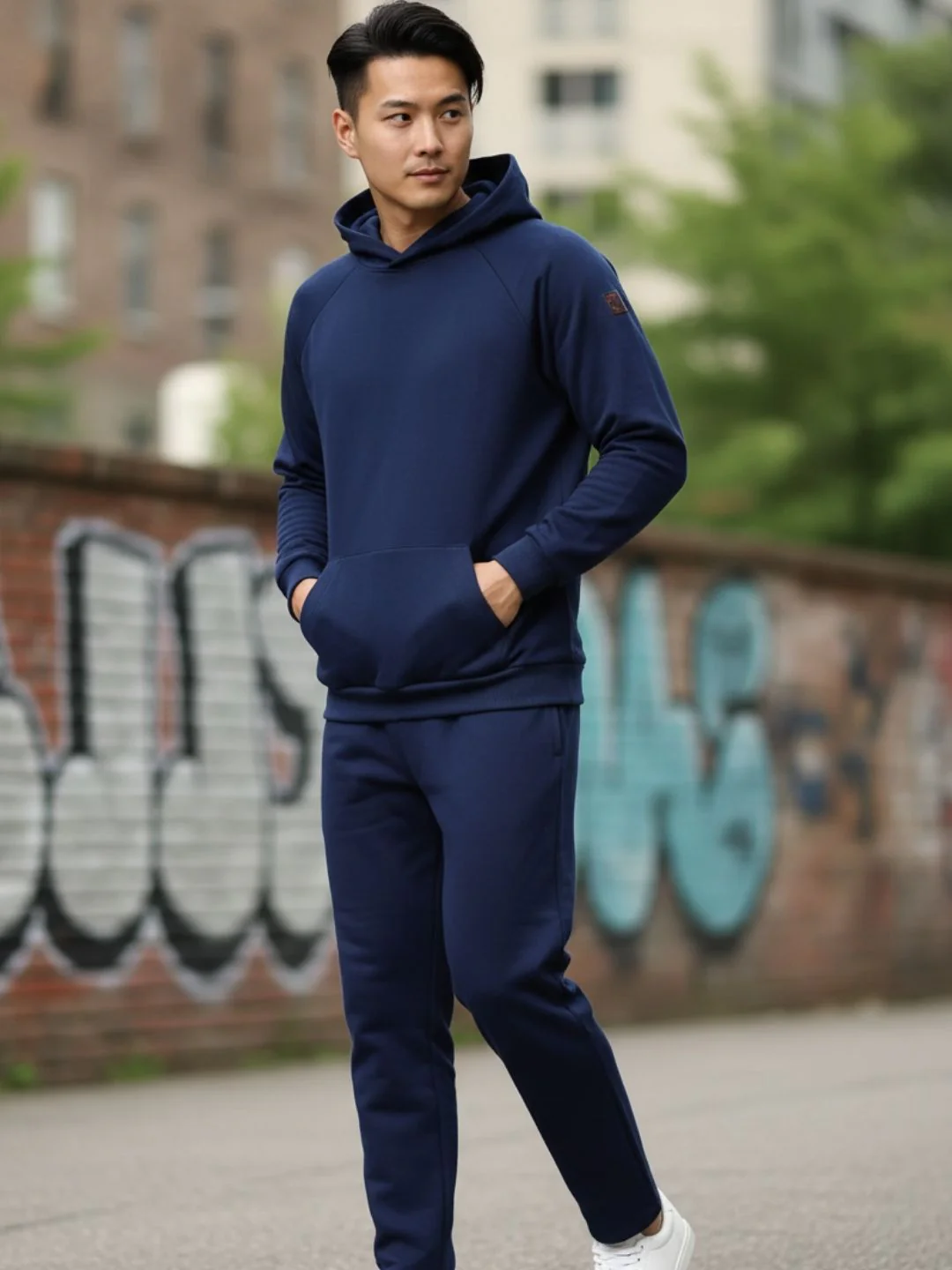 Men Ink Blue Oversized Solid Fleece Co-ords