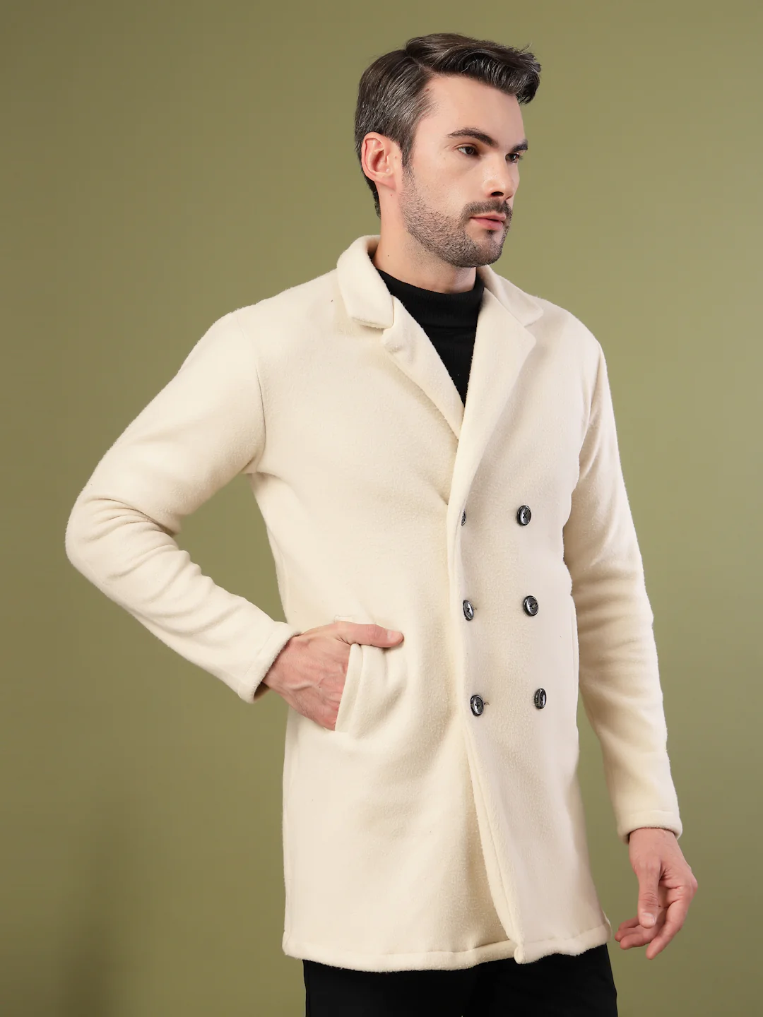 Men Ivory Polar Fleece Solid Double Breasted Coat - Image 3