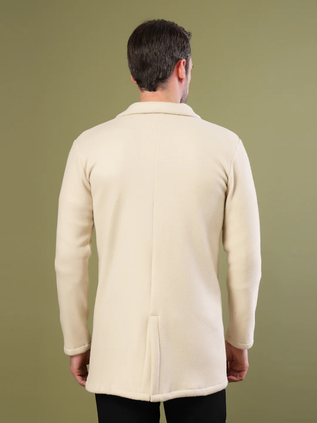 Men Ivory Polar Fleece Solid Double Breasted Coat - Image 4