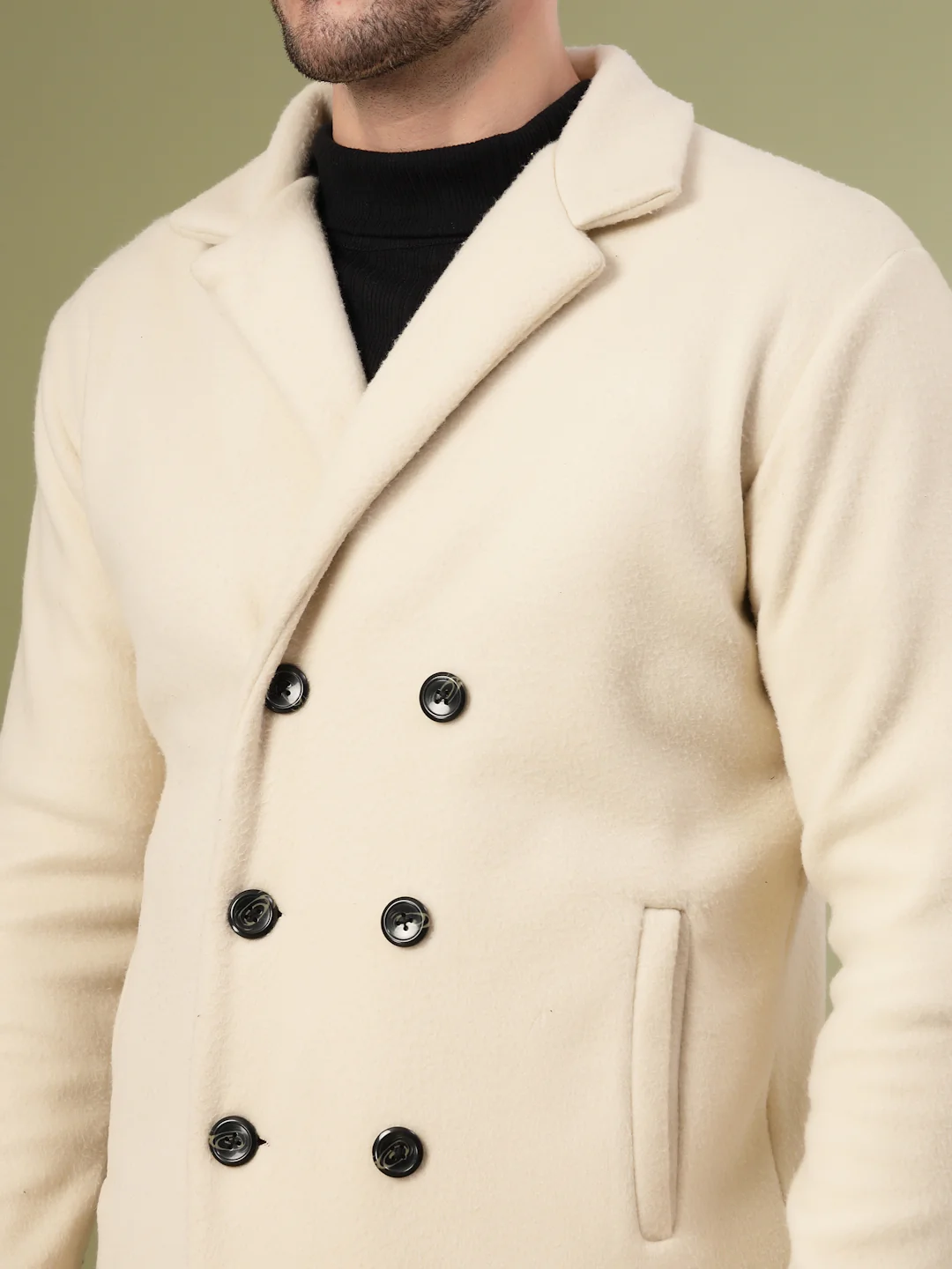 Men Ivory Polar Fleece Solid Double Breasted Coat - Image 5