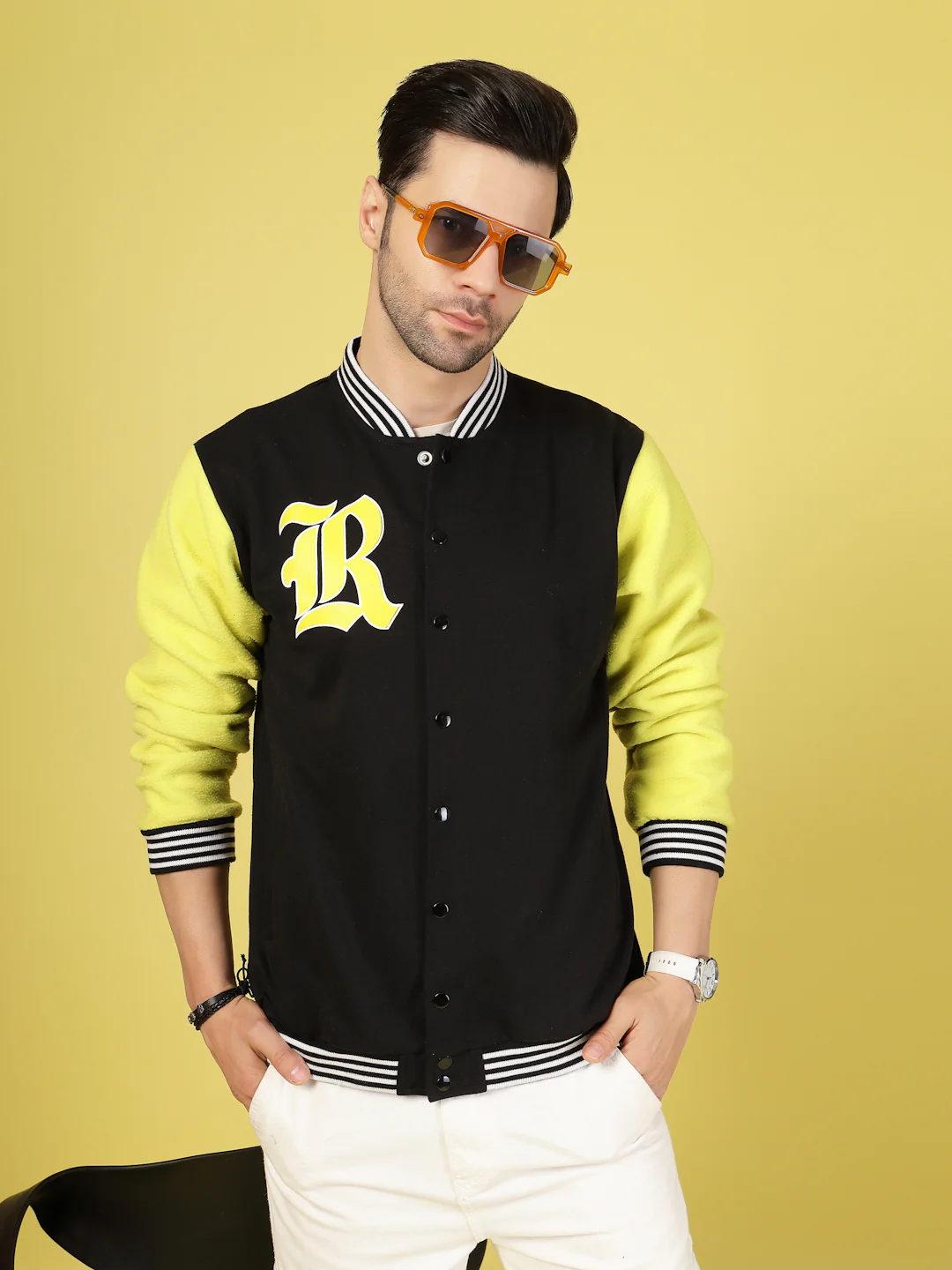 Men Lime Fleece Colorblock Oversized Jacket - Image 2