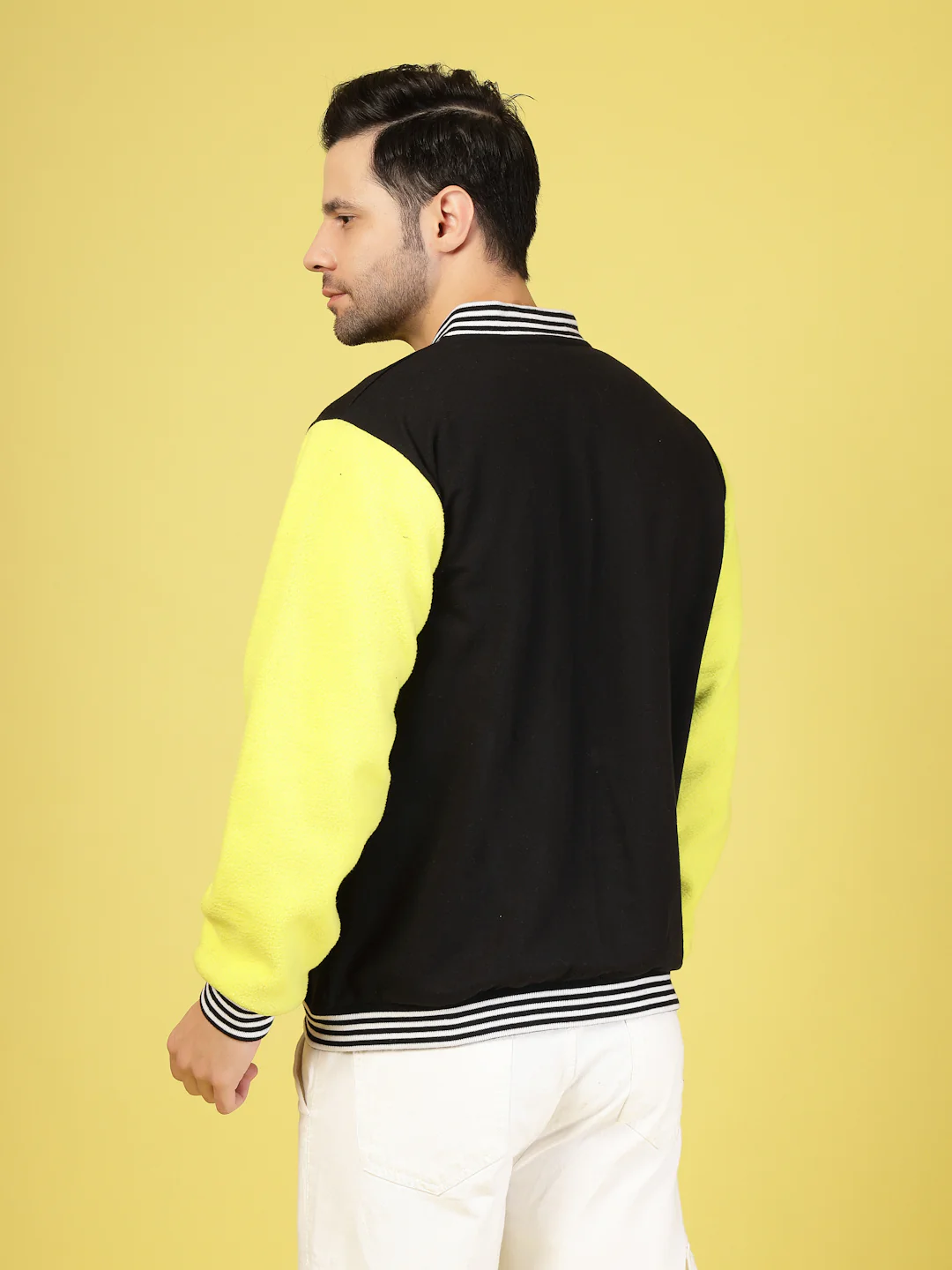 Men Lime Fleece Colorblock Oversized Jacket - Image 3