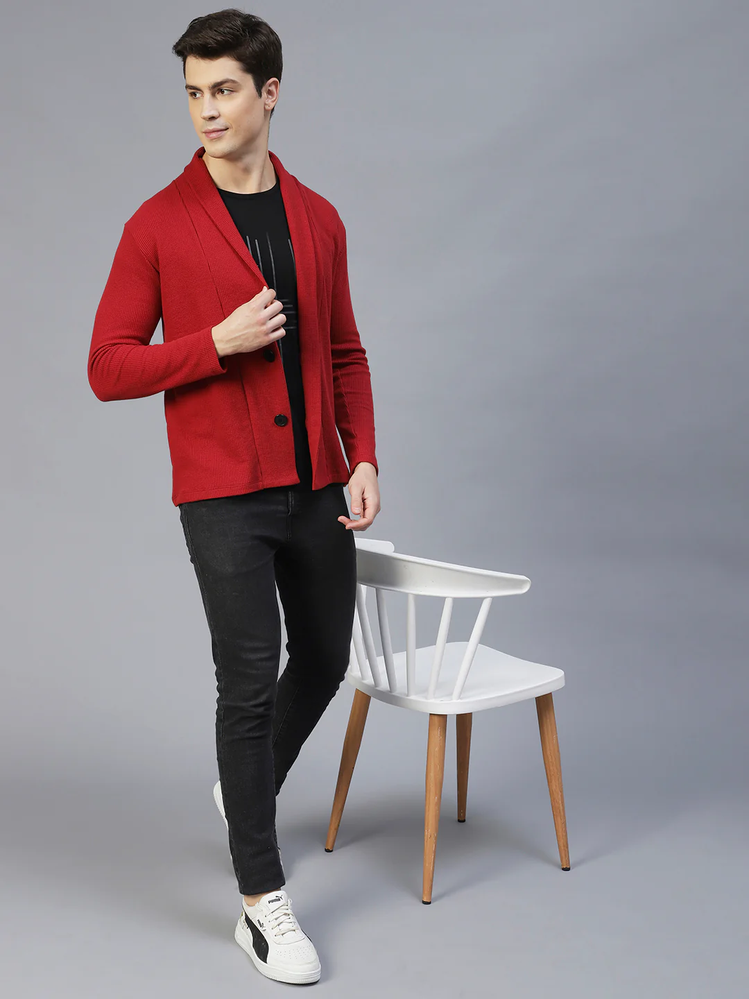 Men Maroon Shawl Collar Waffle Knit Shrug - Image 2
