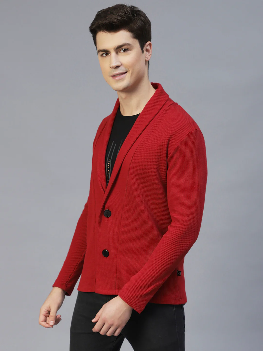 Men Maroon Shawl Collar Waffle Knit Shrug - Image 3