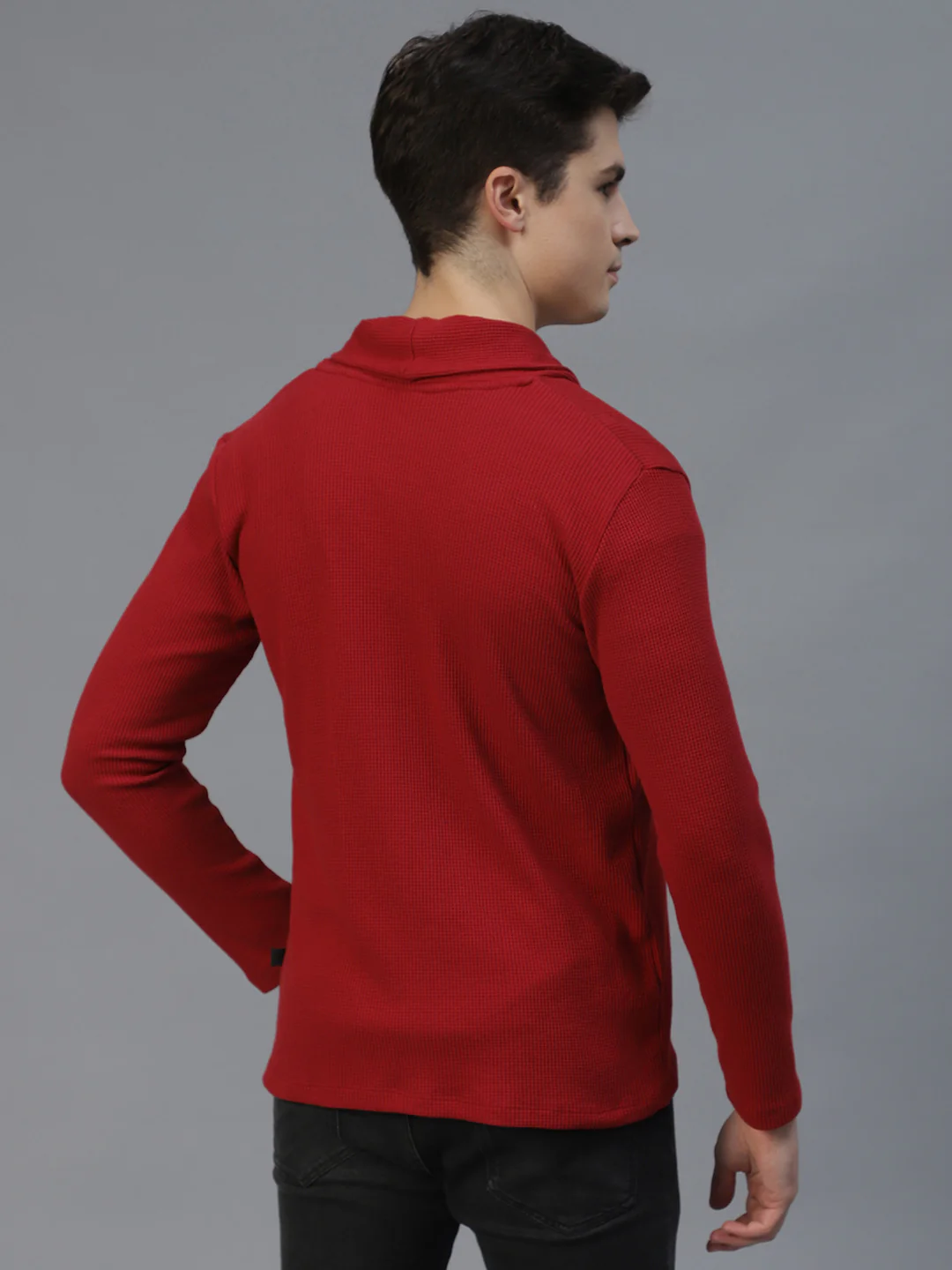 Men Maroon Shawl Collar Waffle Knit Shrug - Image 4