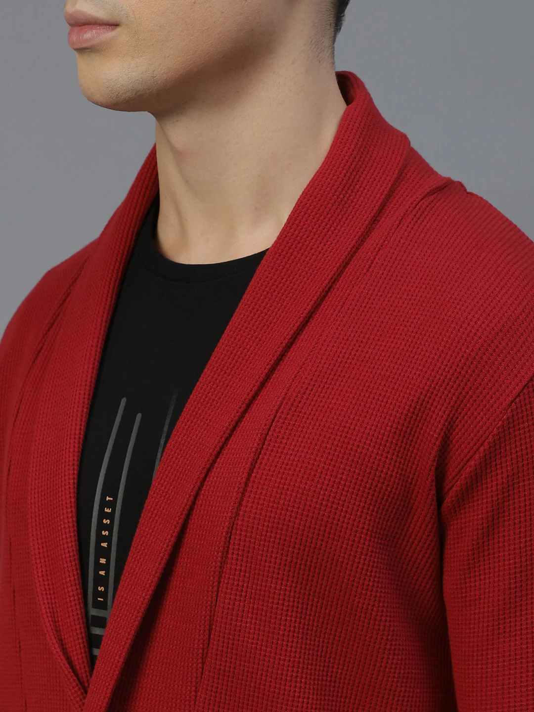 Men Maroon Shawl Collar Waffle Knit Shrug - Image 5