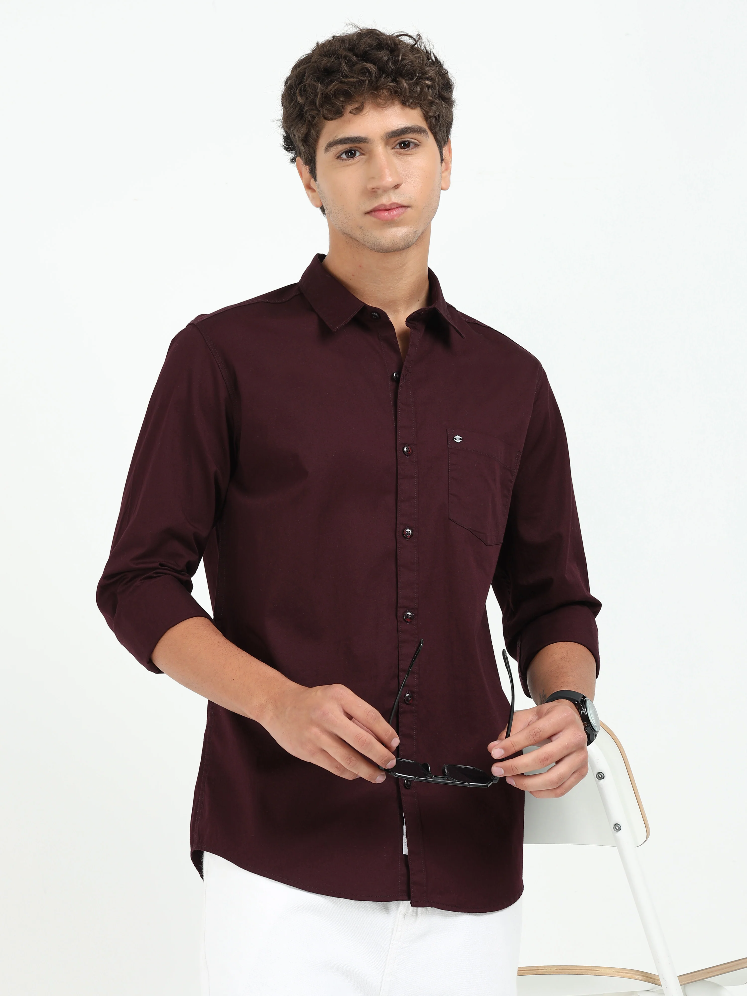 Men Maroon Twill Shirt Slim Fit - Image 2