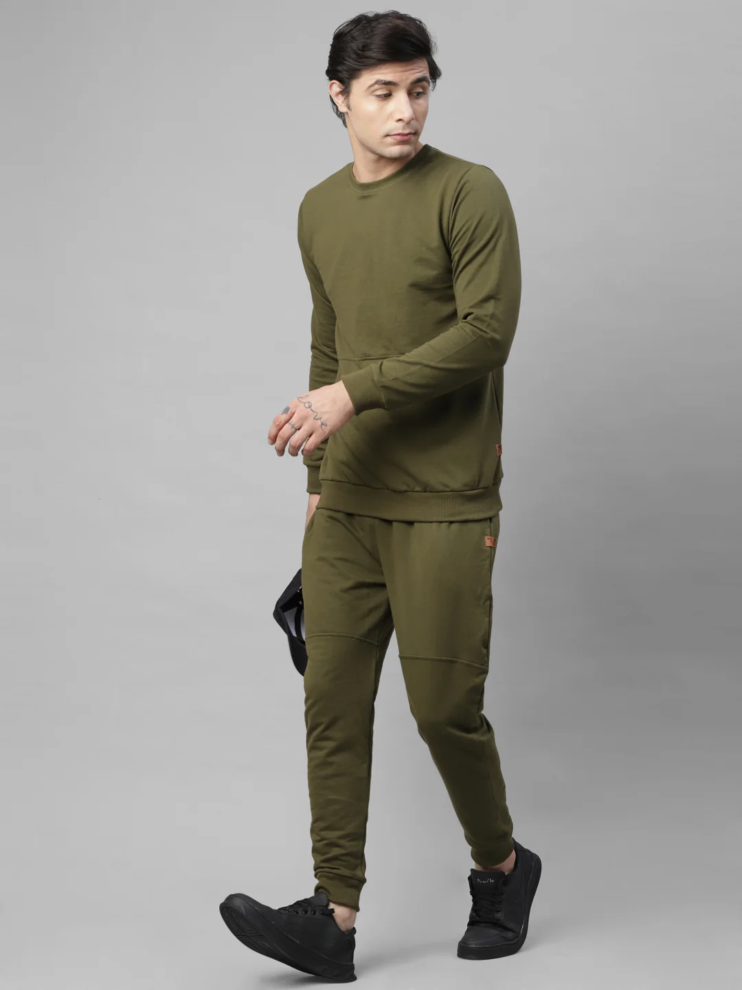Men Olive Green Round Neck Terry Track Suit - Image 3