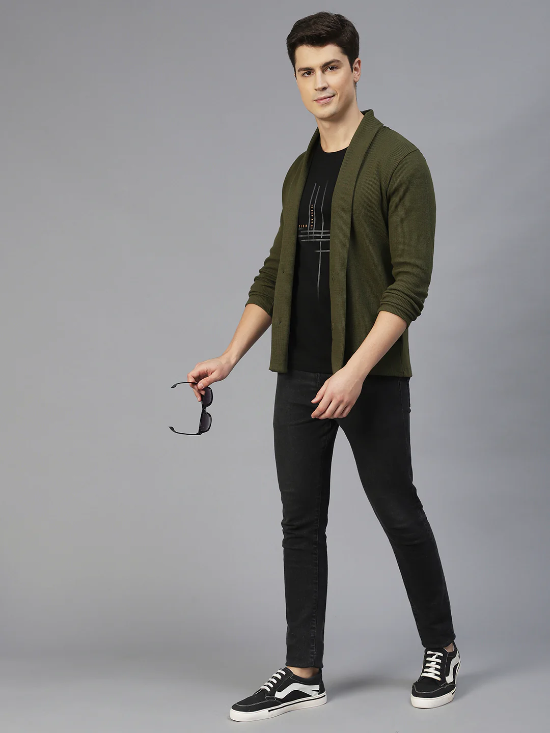 Men Olive Green Shawl Collar Waffle Knit Shrug - Image 2