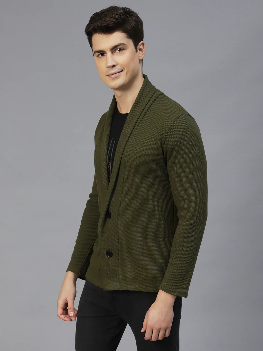 Men Olive Green Shawl Collar Waffle Knit Shrug - Image 3