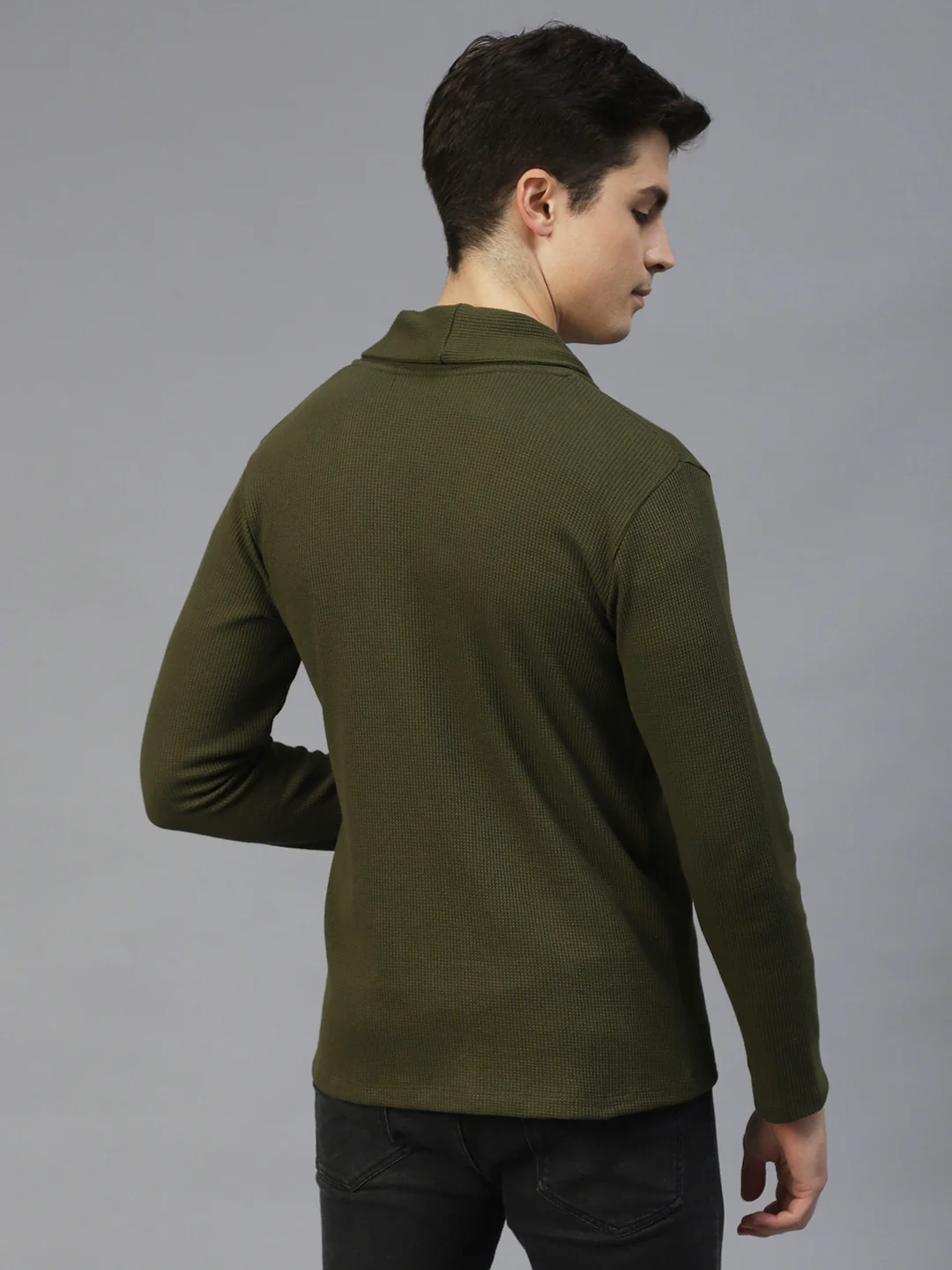 Men Olive Green Shawl Collar Waffle Knit Shrug - Image 4