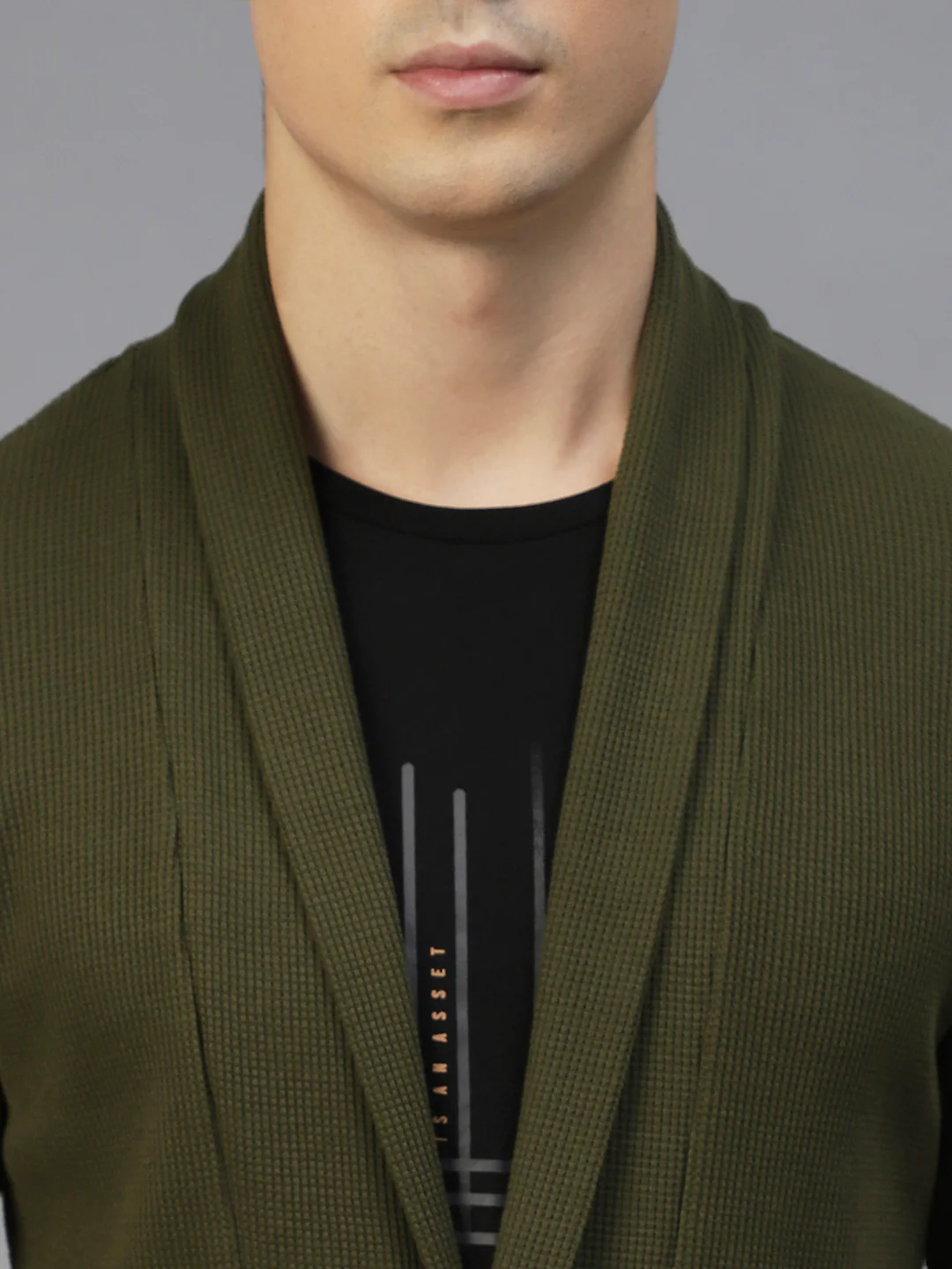 Men Olive Green Shawl Collar Waffle Knit Shrug - Image 5