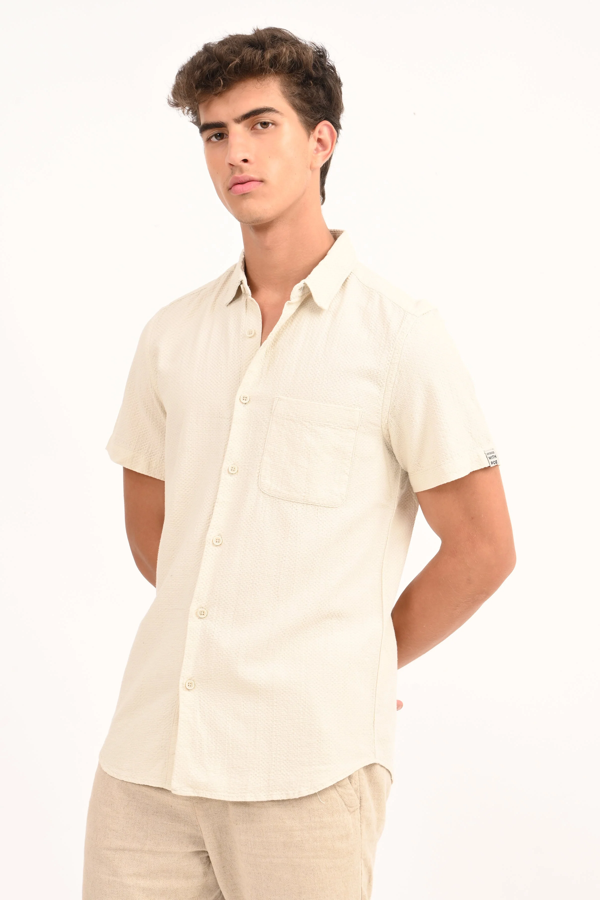 Men Peggy Beige Solid Dobby Shirt - Image 2