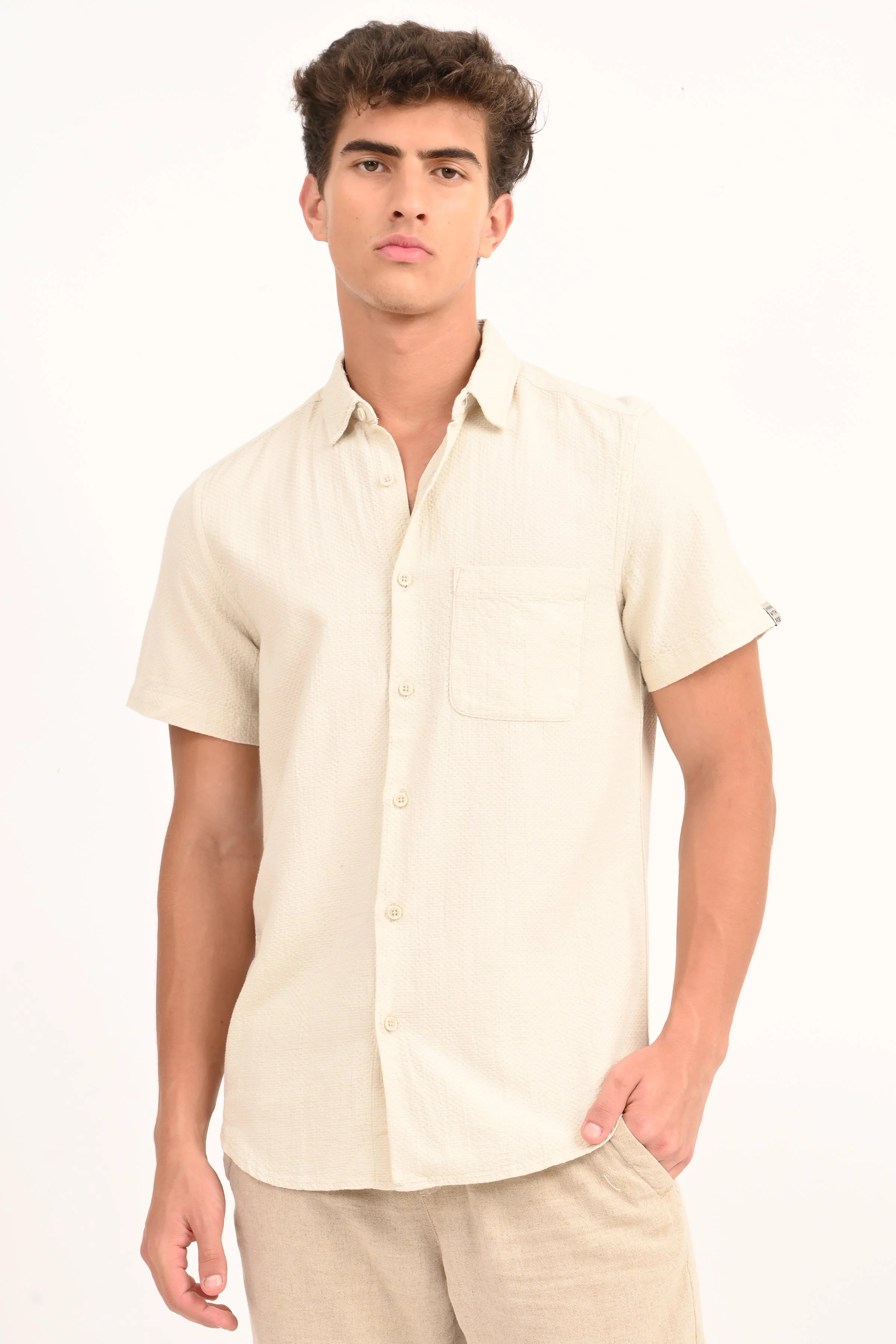 Men Peggy Beige Solid Dobby Shirt - Image 3
