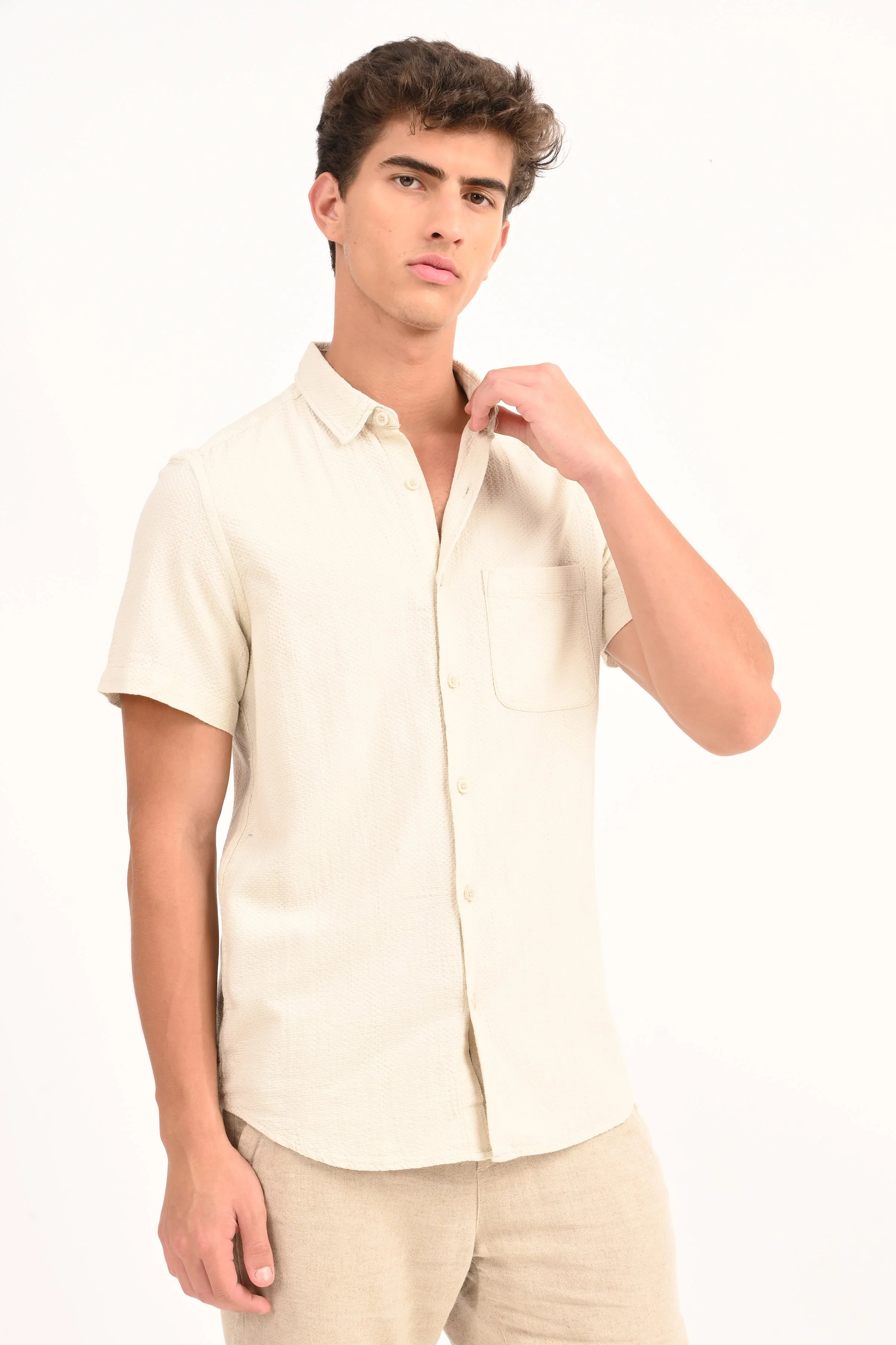 Men Peggy Beige Solid Dobby Shirt - Image 4