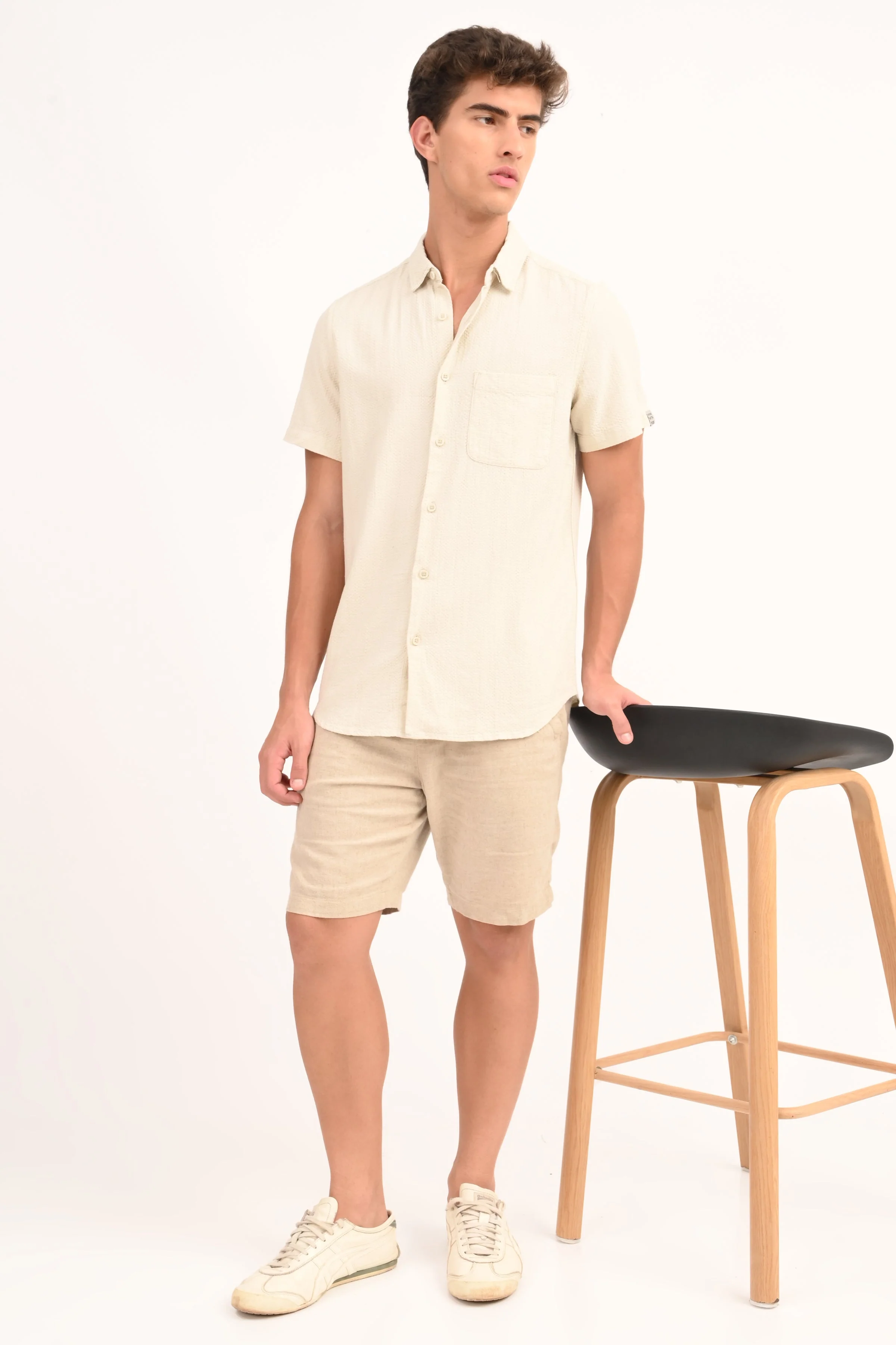 Men Peggy Beige Solid Dobby Shirt - Image 6