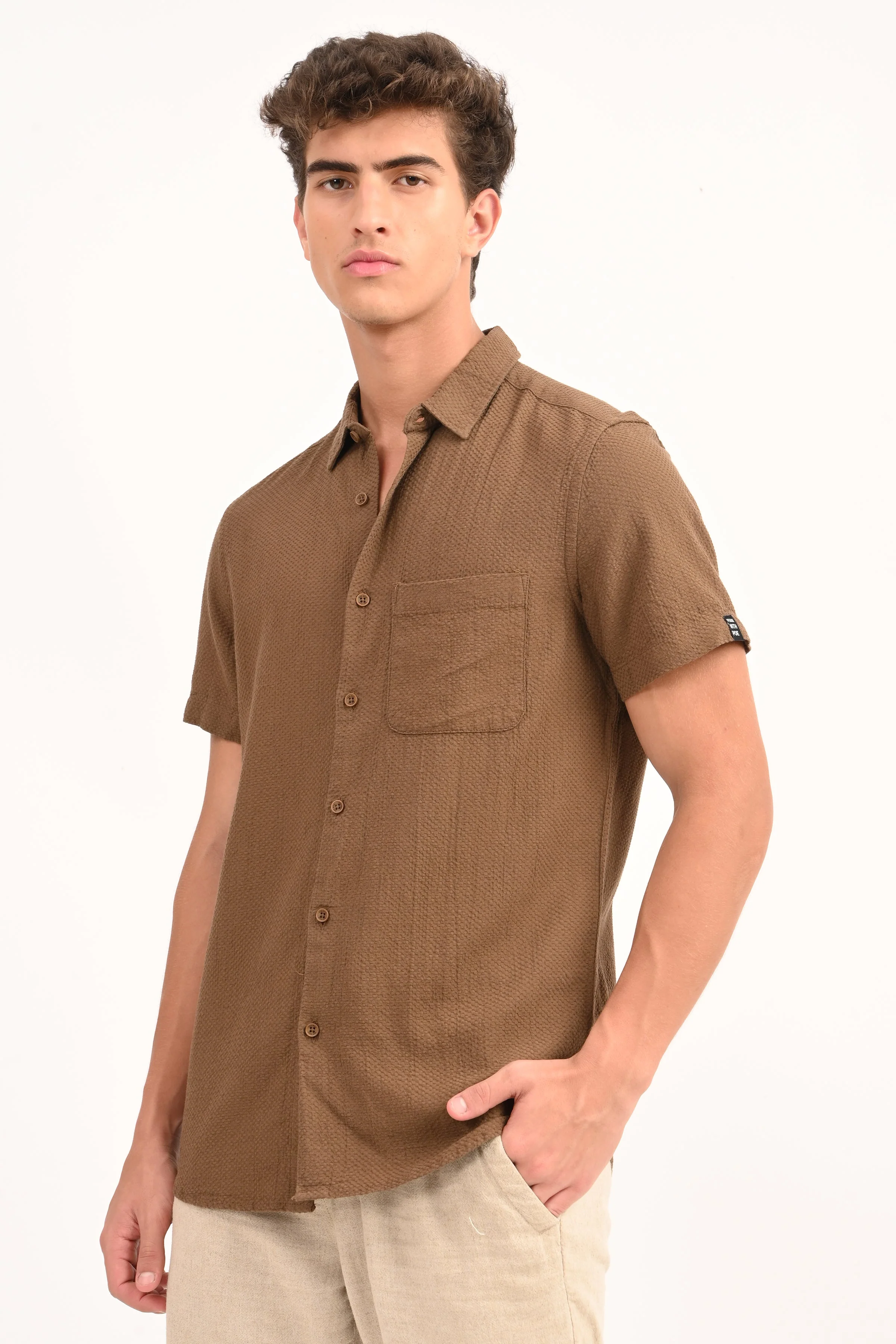 Men Peggy Brown Solid Dobby Shirt