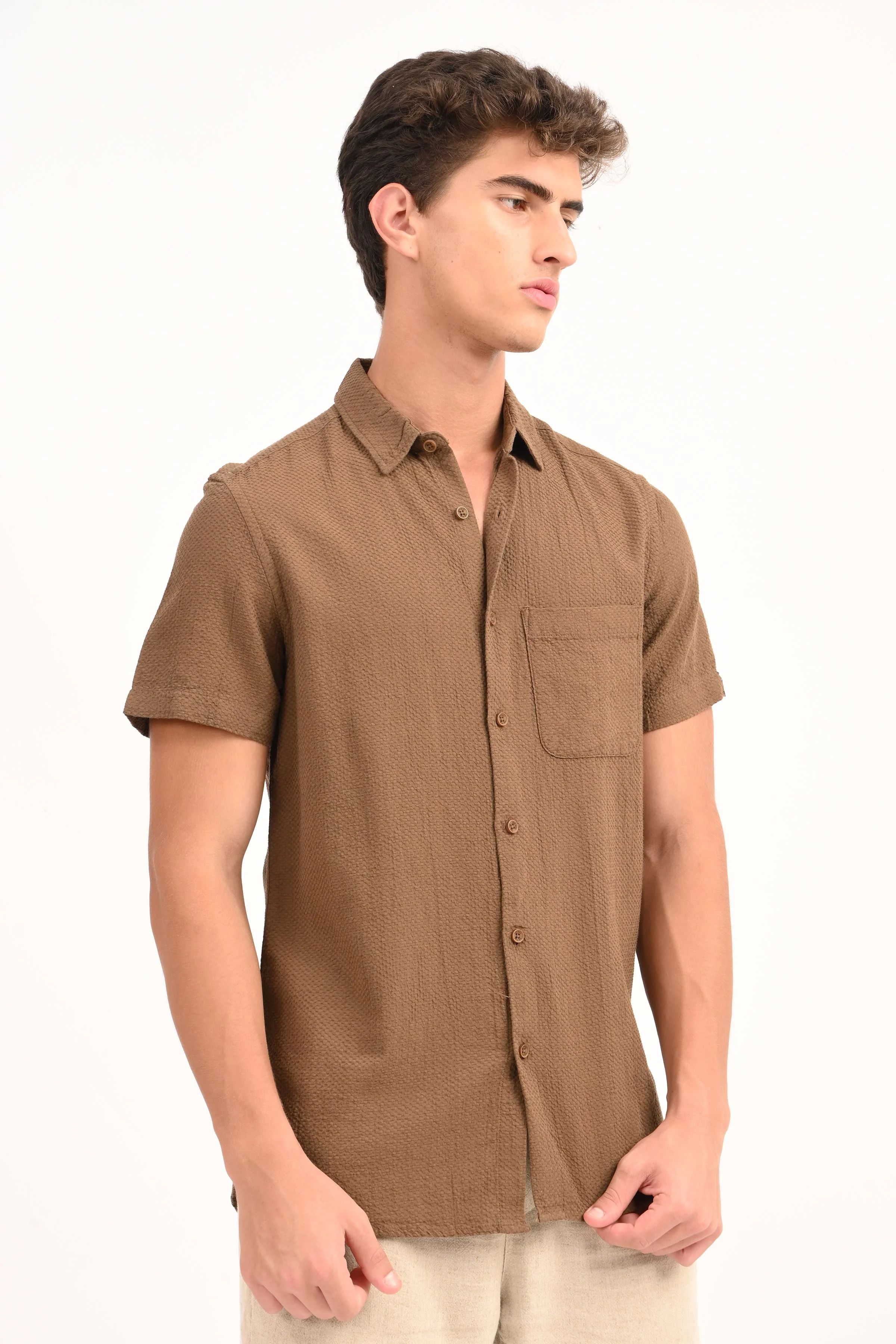 Men Peggy Brown Solid Dobby Shirt - Image 2