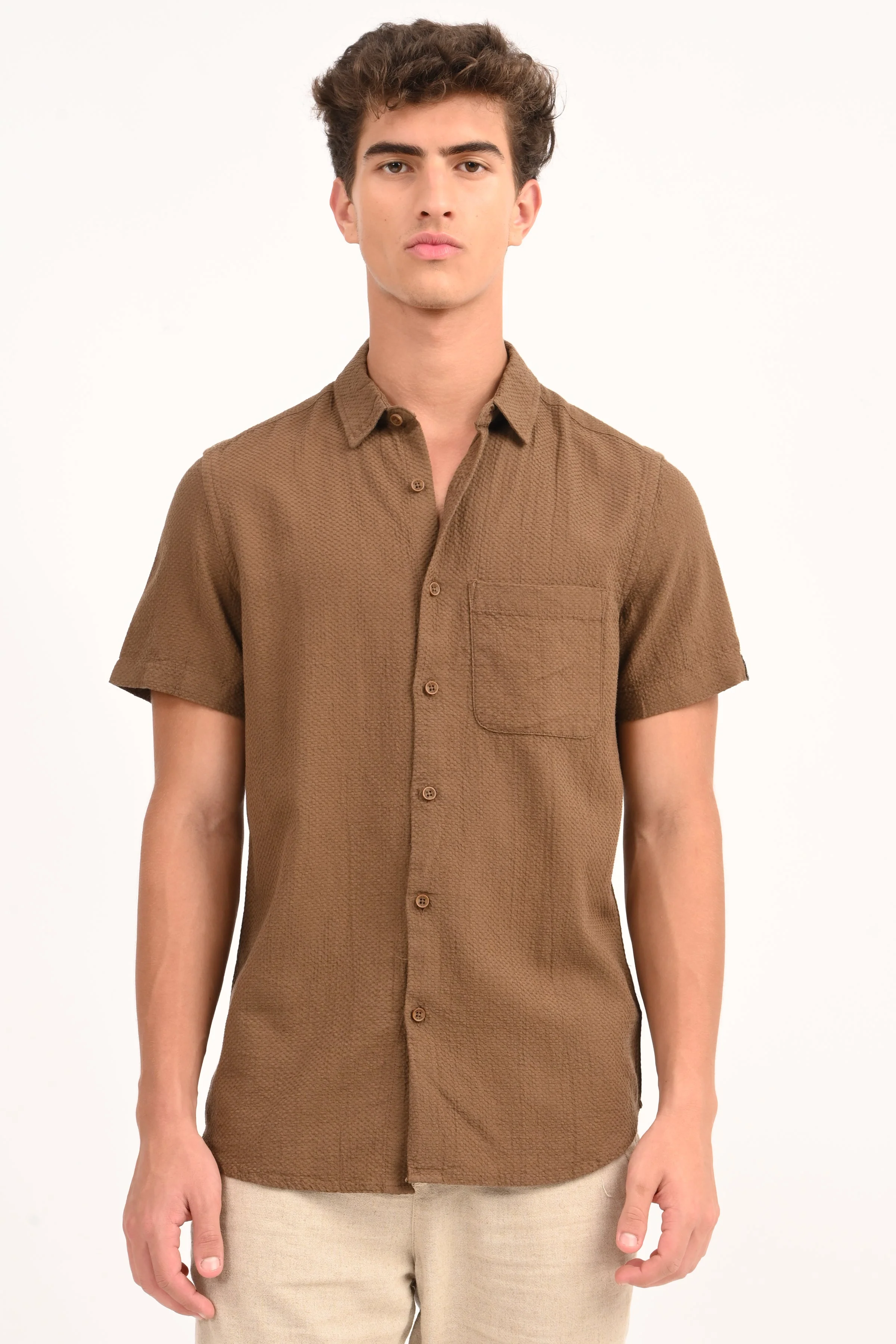 Men Peggy Brown Solid Dobby Shirt - Image 3