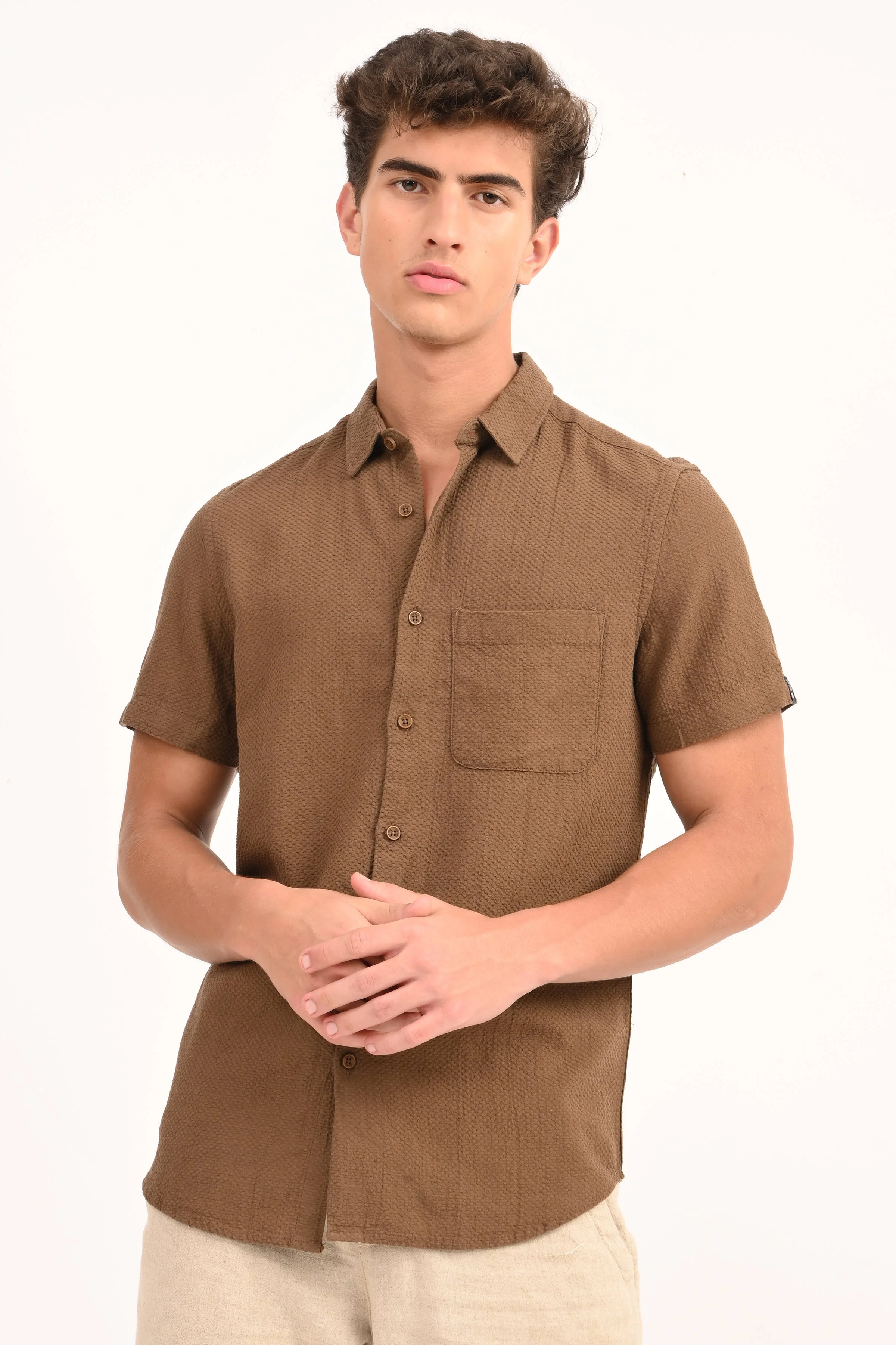 Men Peggy Brown Solid Dobby Shirt - Image 6