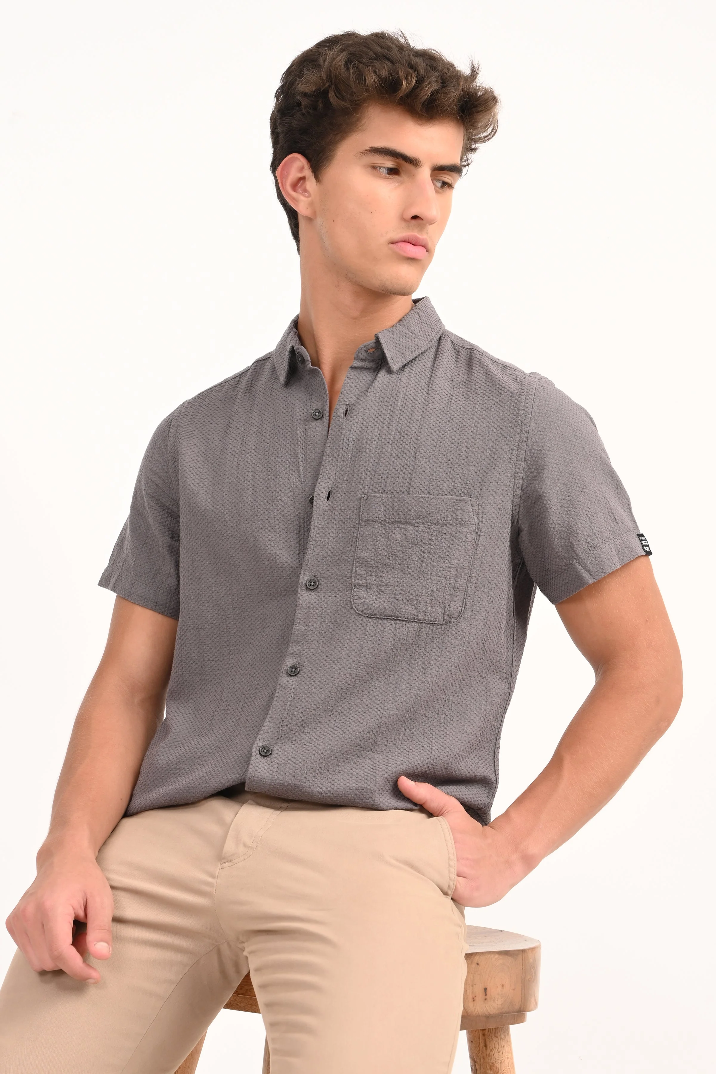 Men Peggy Grey Solid Dobby Shirt