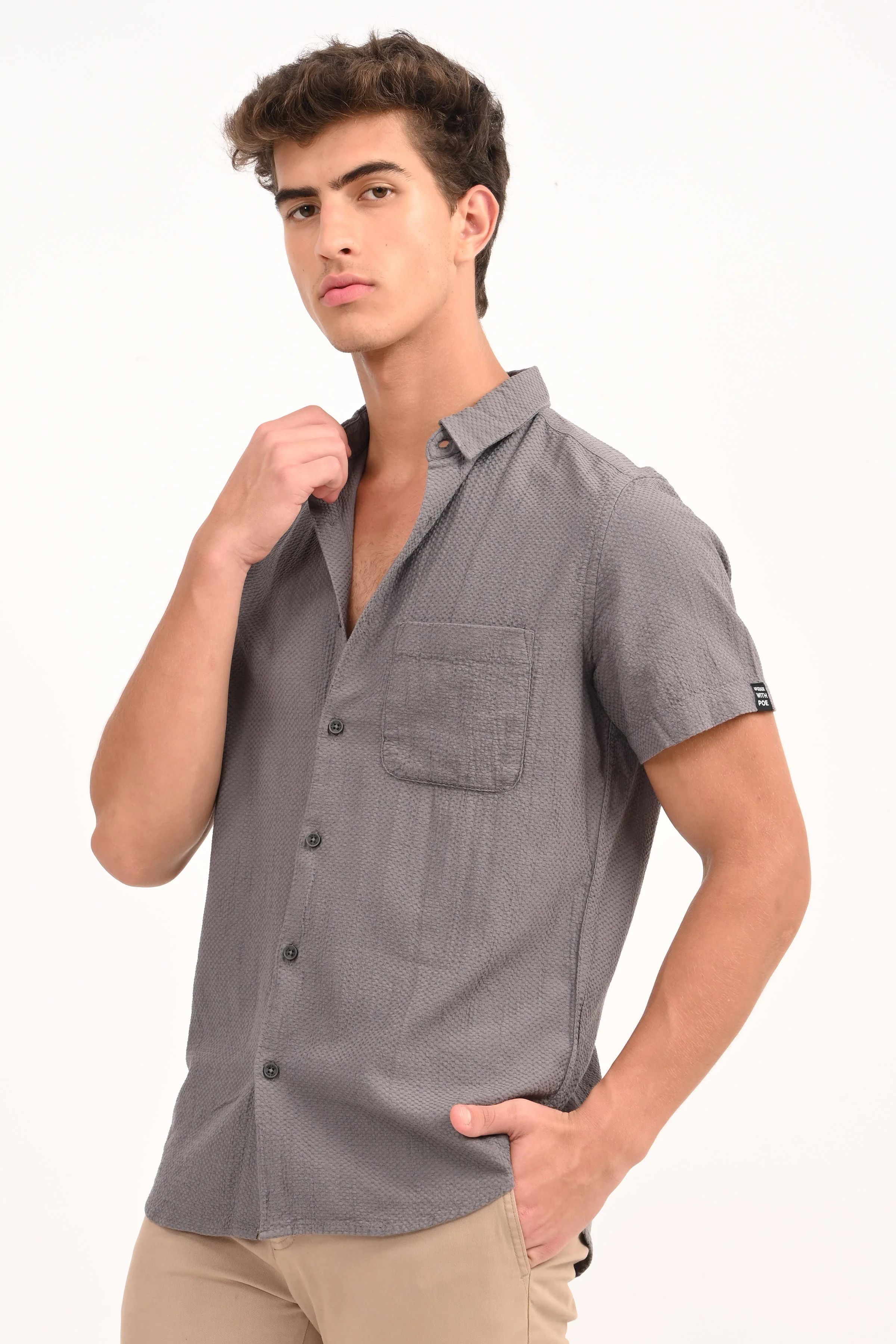 Men Peggy Grey Solid Dobby Shirt - Image 3