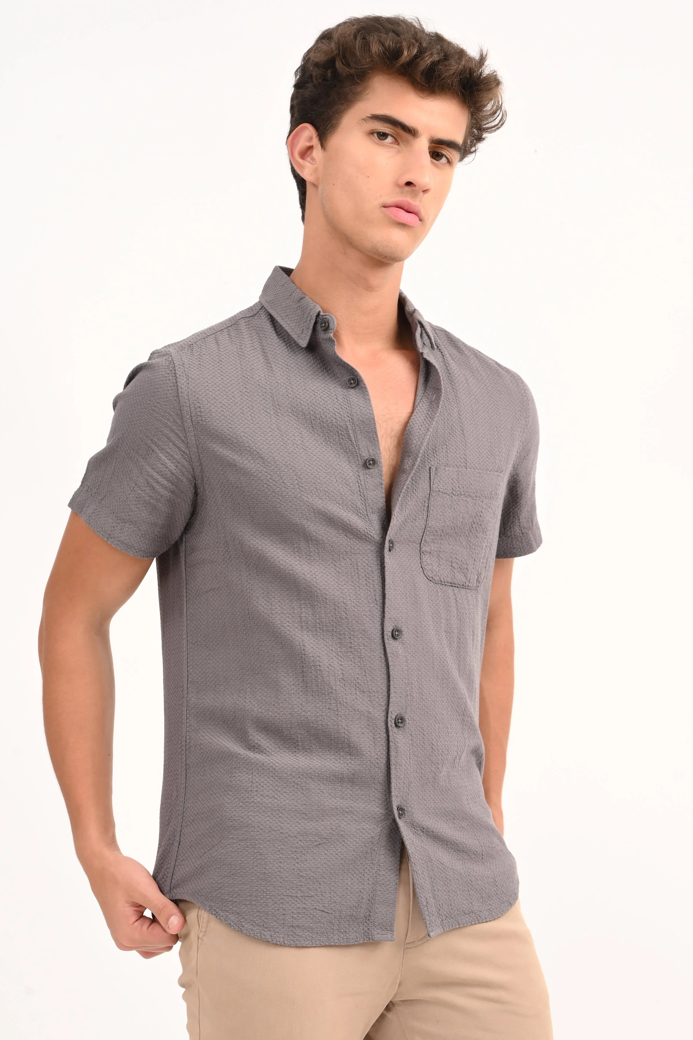 Men Peggy Grey Solid Dobby Shirt - Image 4