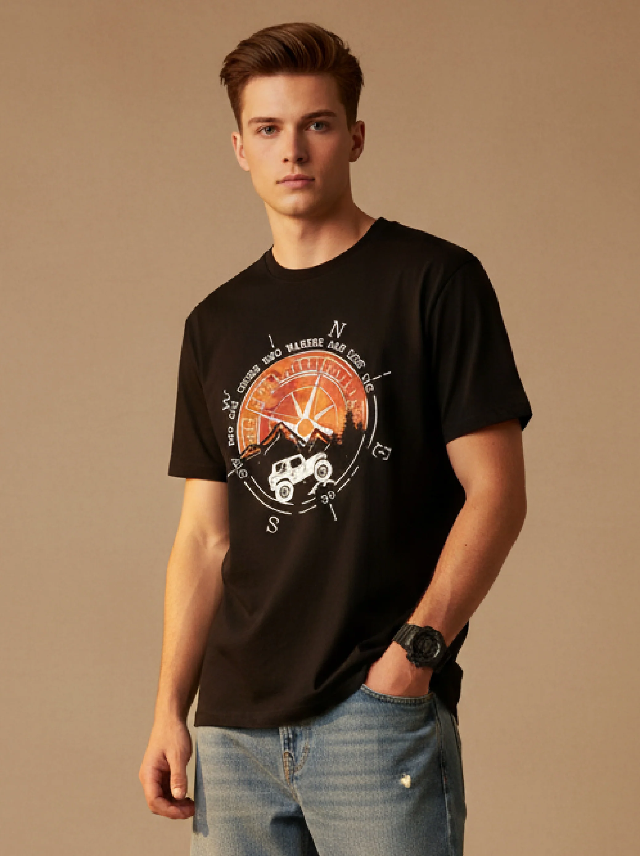 Men Printed Black Cotton Tshirt - Image 2