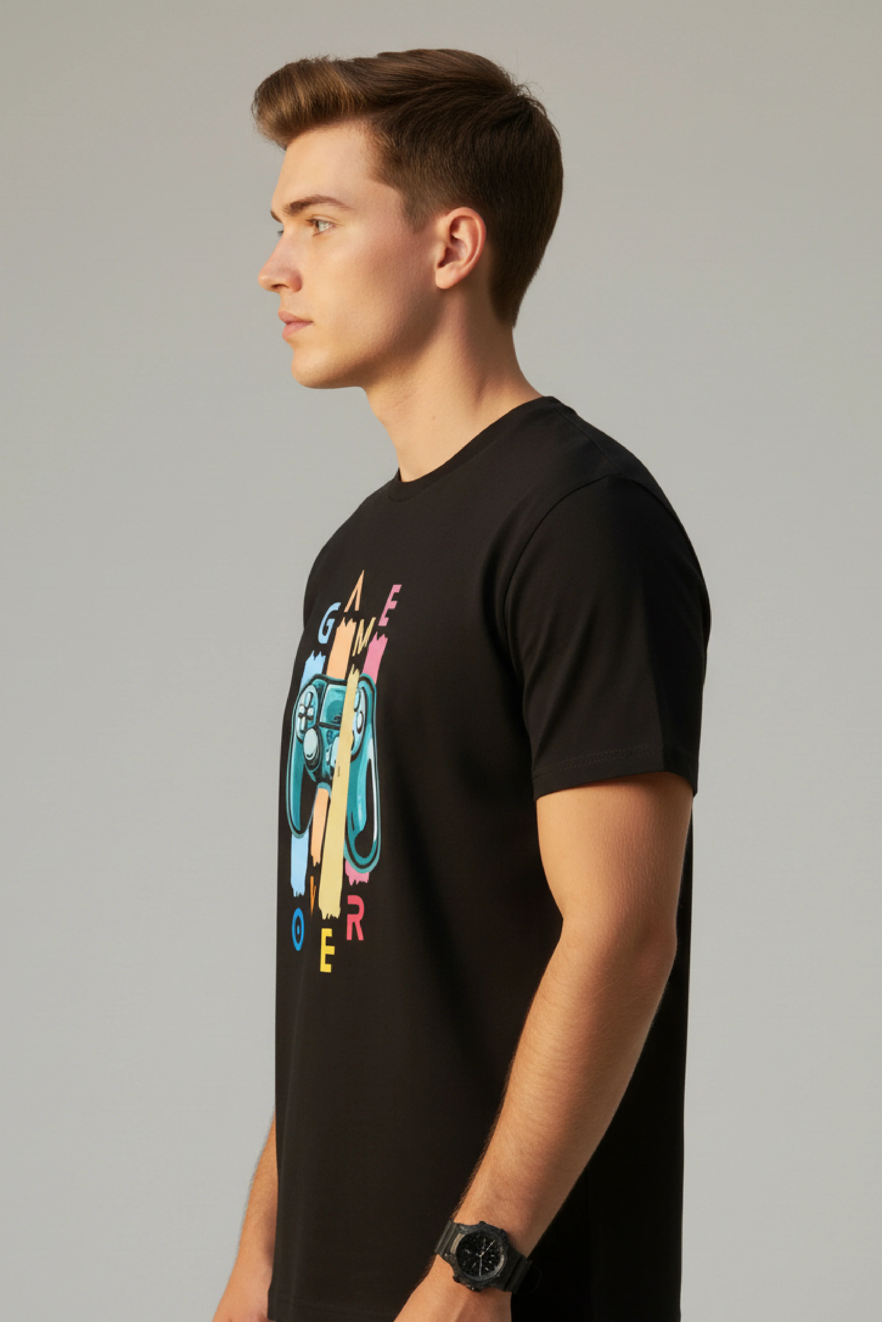 Men Printed Black Cotton Tshirt - Image 4