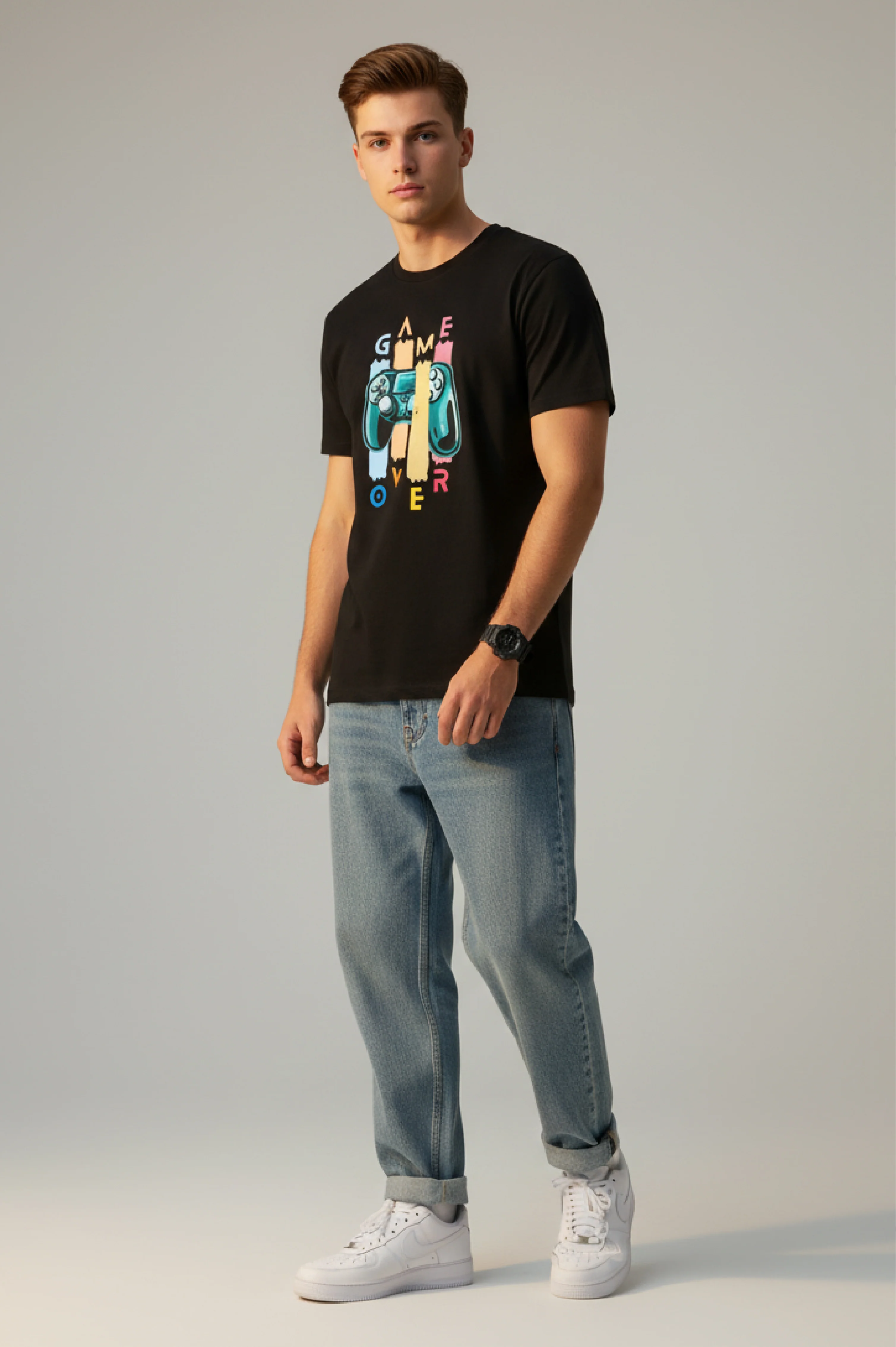 Men Printed Black Cotton Tshirt - Image 6