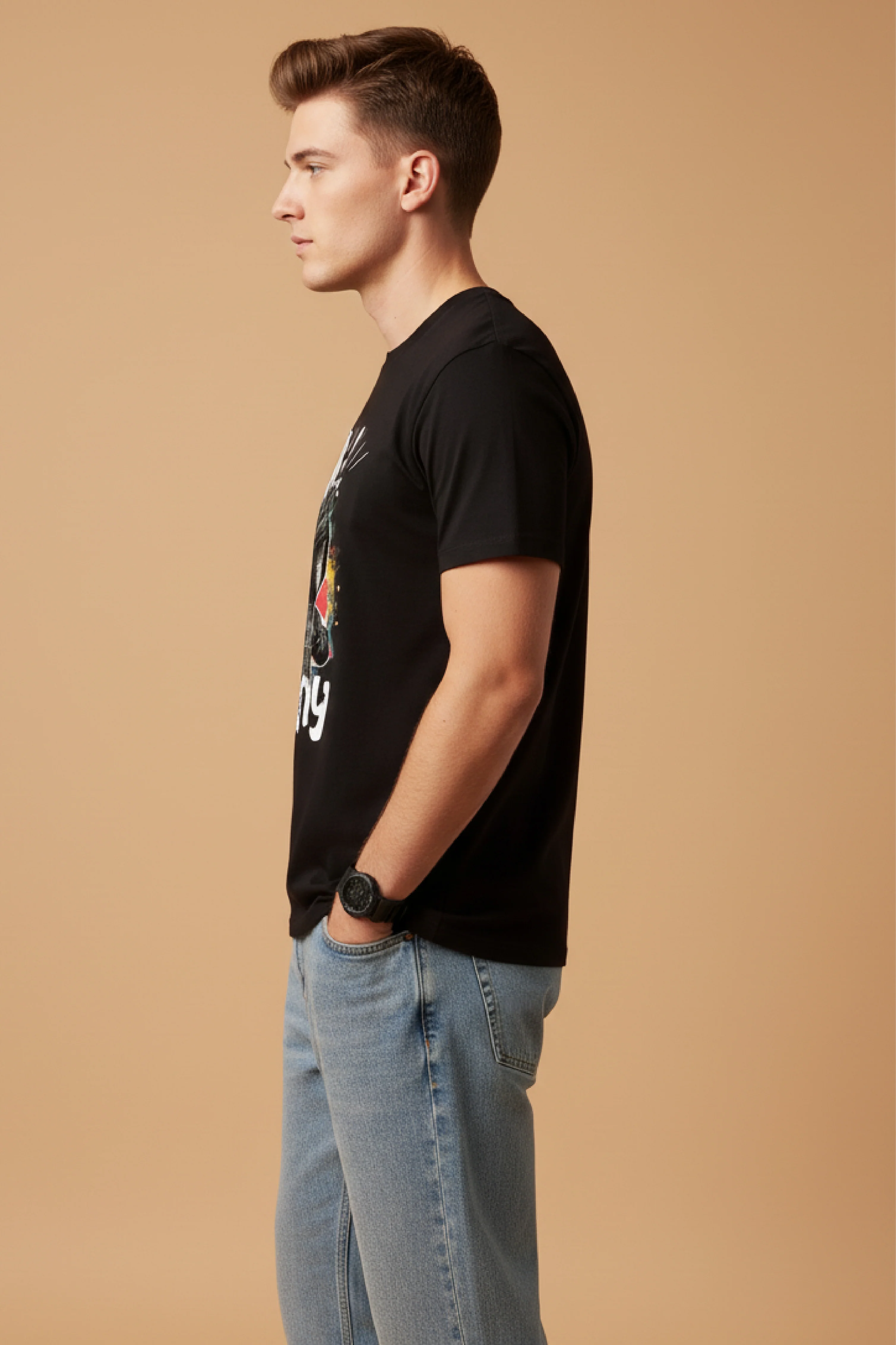 Men Printed Black Cotton Tshirt - Image 2
