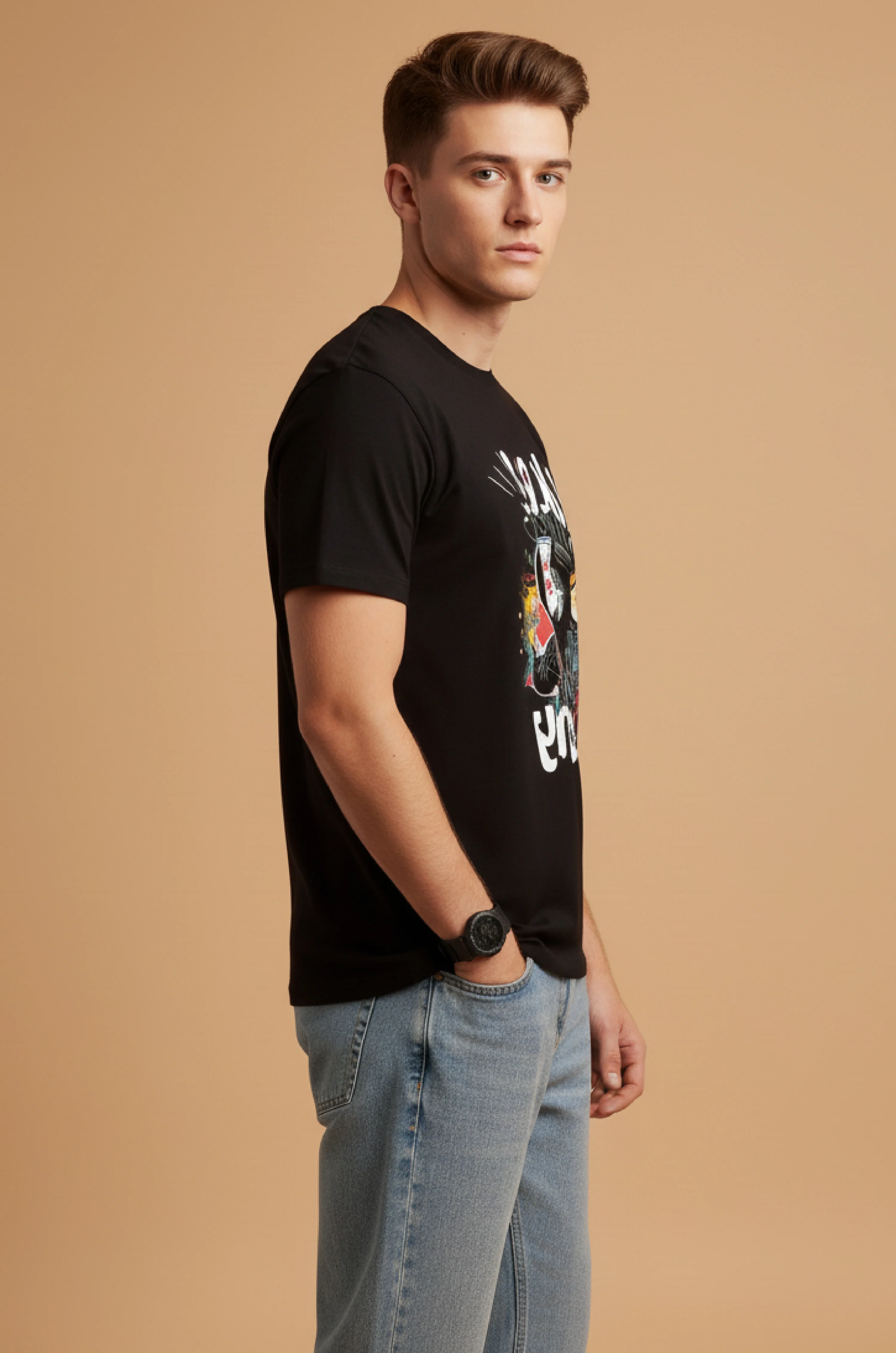 Men Printed Black Cotton Tshirt - Image 3