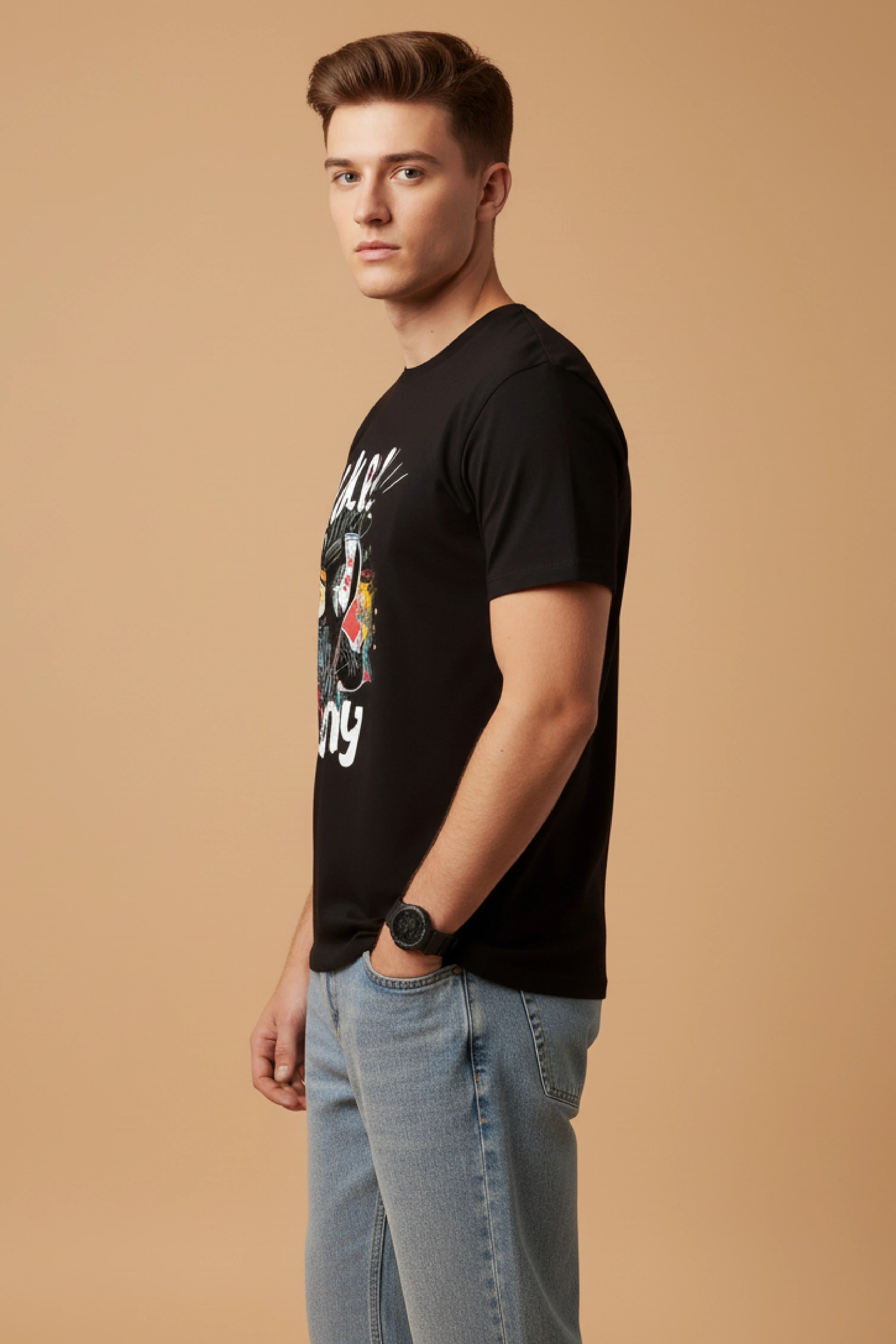 Men Printed Black Cotton Tshirt - Image 4