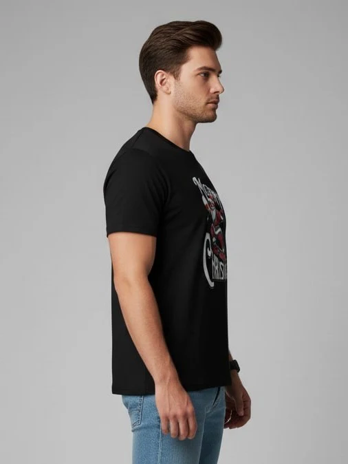 Men Printed Black Cotton Tshirt - Image 4