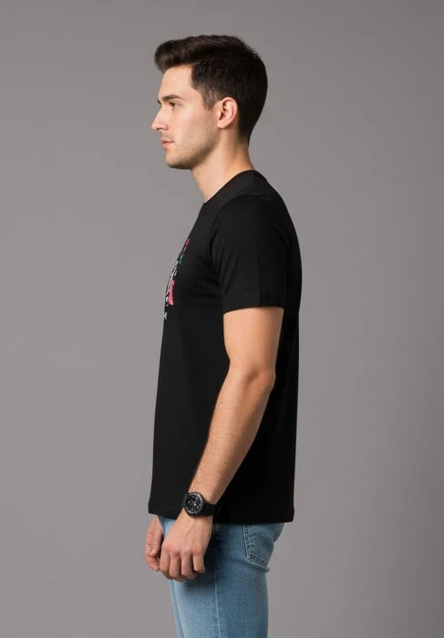 Men Printed Black Cotton Tshirt - Image 4