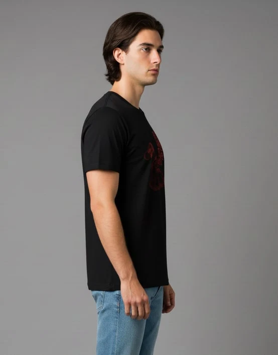 Men Printed Black Cotton Tshirt - Image 4