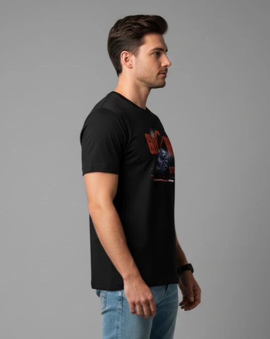 Men Printed Black Cotton Tshirt - Image 2