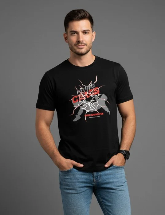 Men Printed Black Cotton Tshirt - Image 4