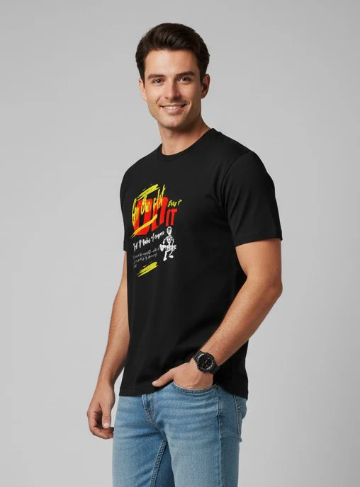 Men Printed Black Cotton Tshirt - Image 3